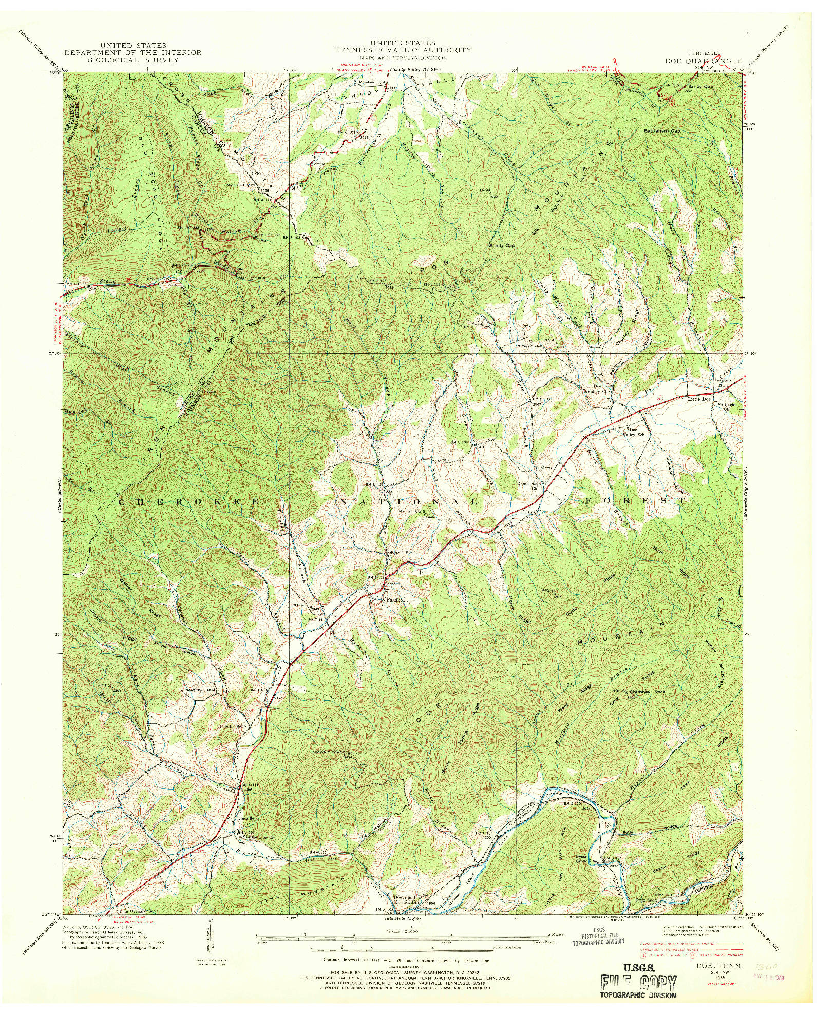 USGS 1:24000-SCALE QUADRANGLE FOR DOE, TN 1938