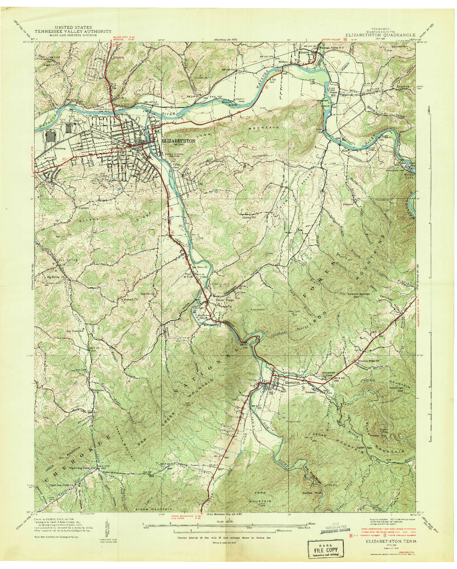 USGS 1:24000-SCALE QUADRANGLE FOR ELIZABETHTON, TN 1938