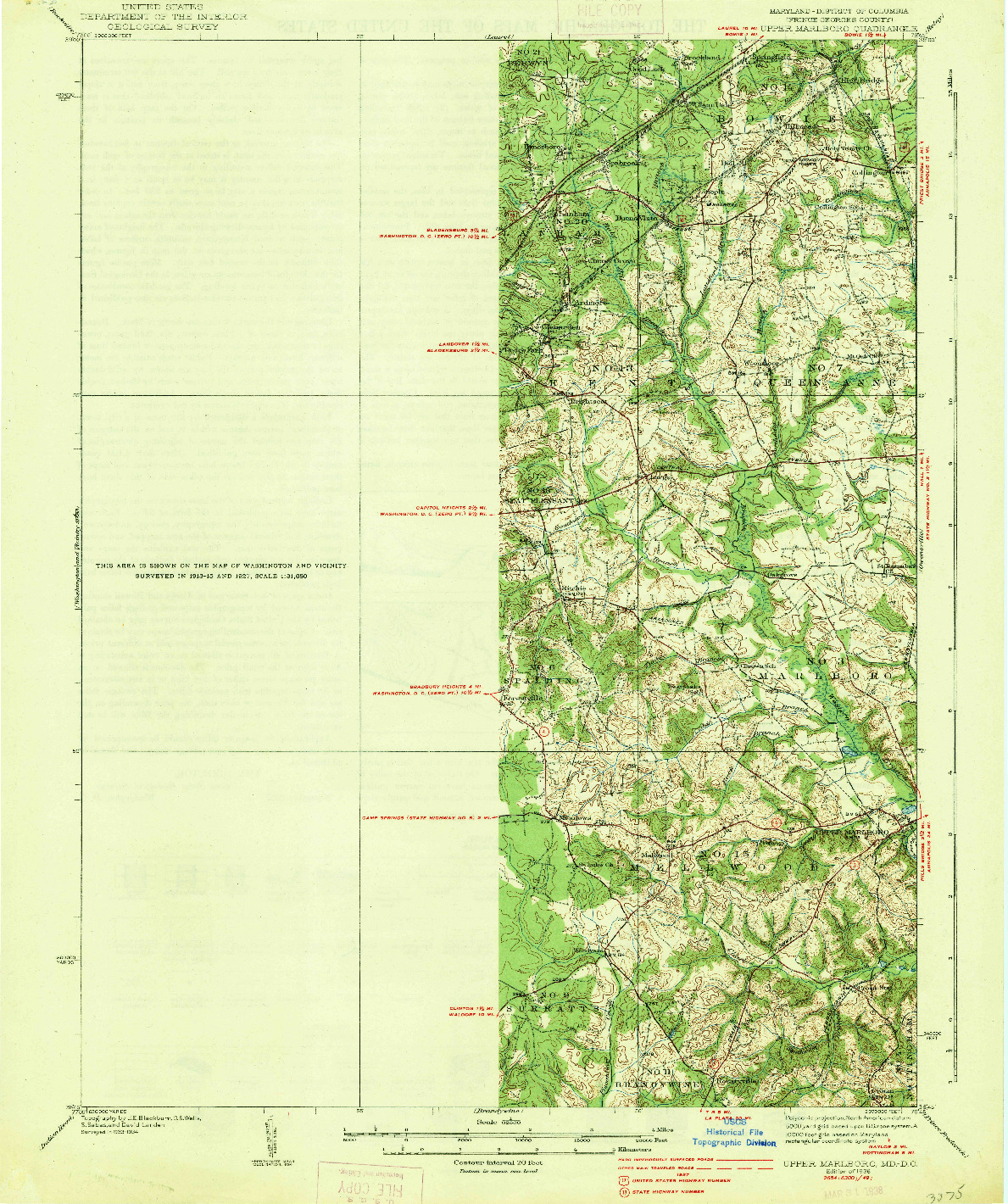 USGS 1:62500-SCALE QUADRANGLE FOR UPPER MARLBORO, MD 1938