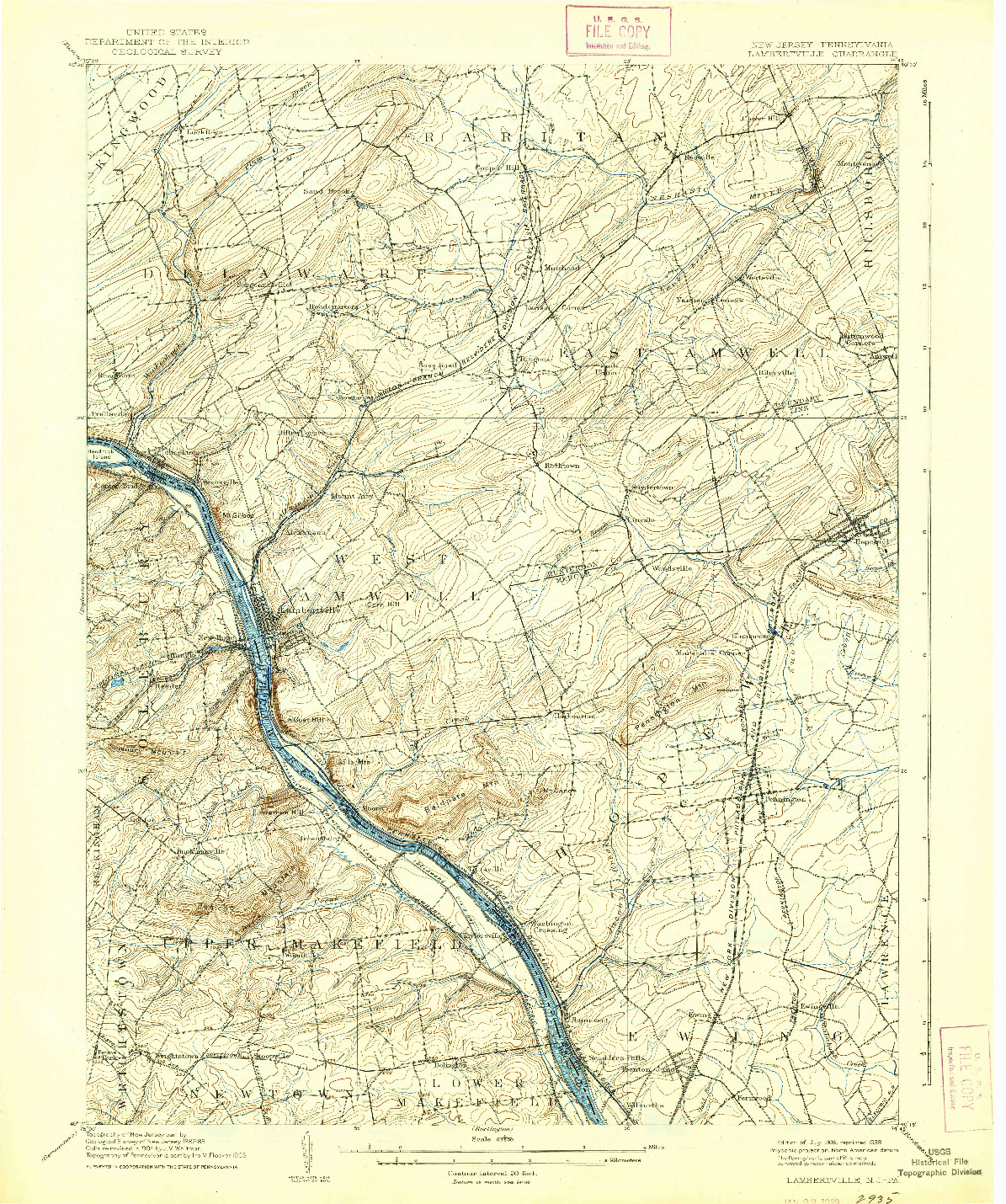 USGS 1:62500-SCALE QUADRANGLE FOR LAMBERTVILLE, NJ 1906