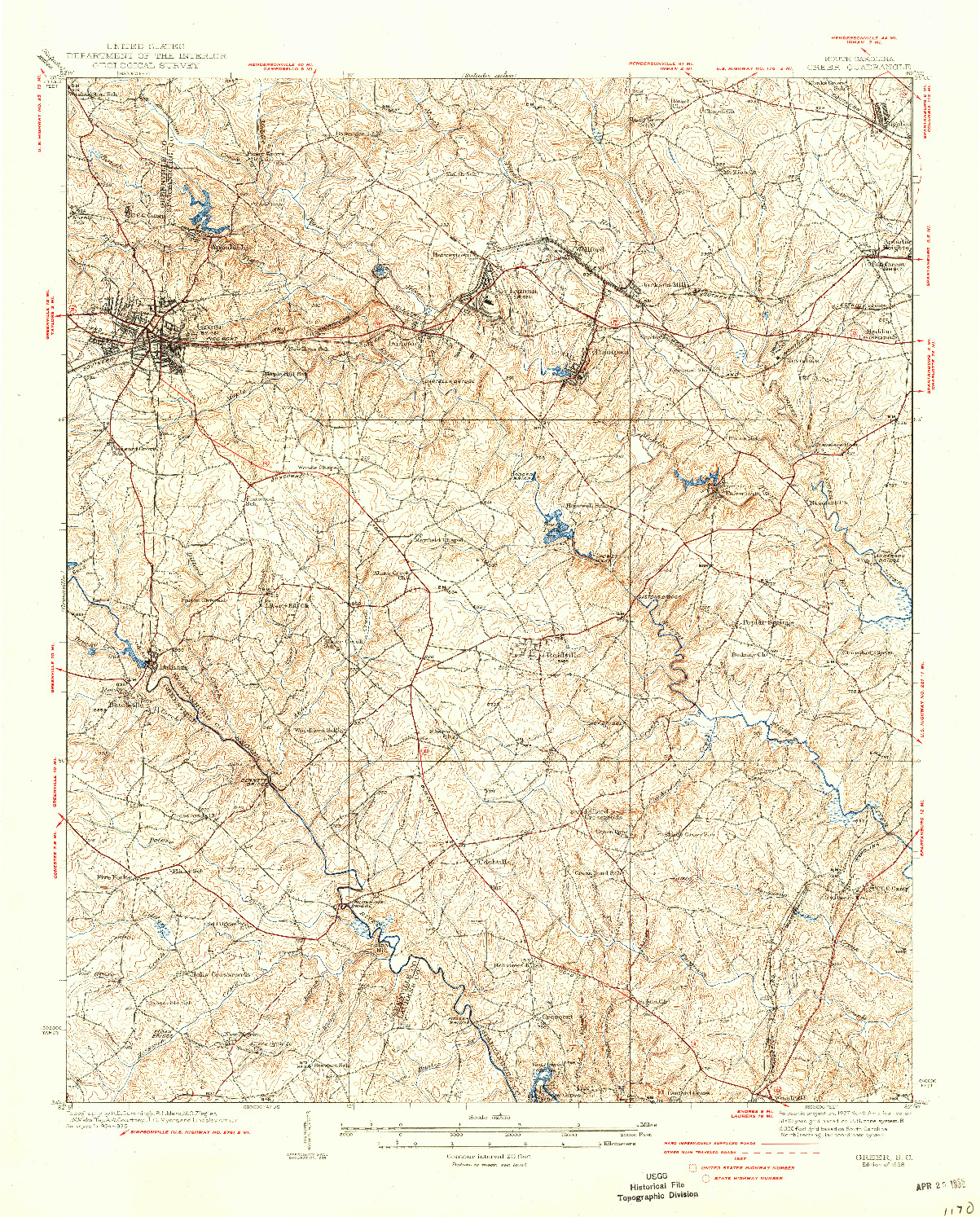 USGS 1:62500-SCALE QUADRANGLE FOR GREER, SC 1938