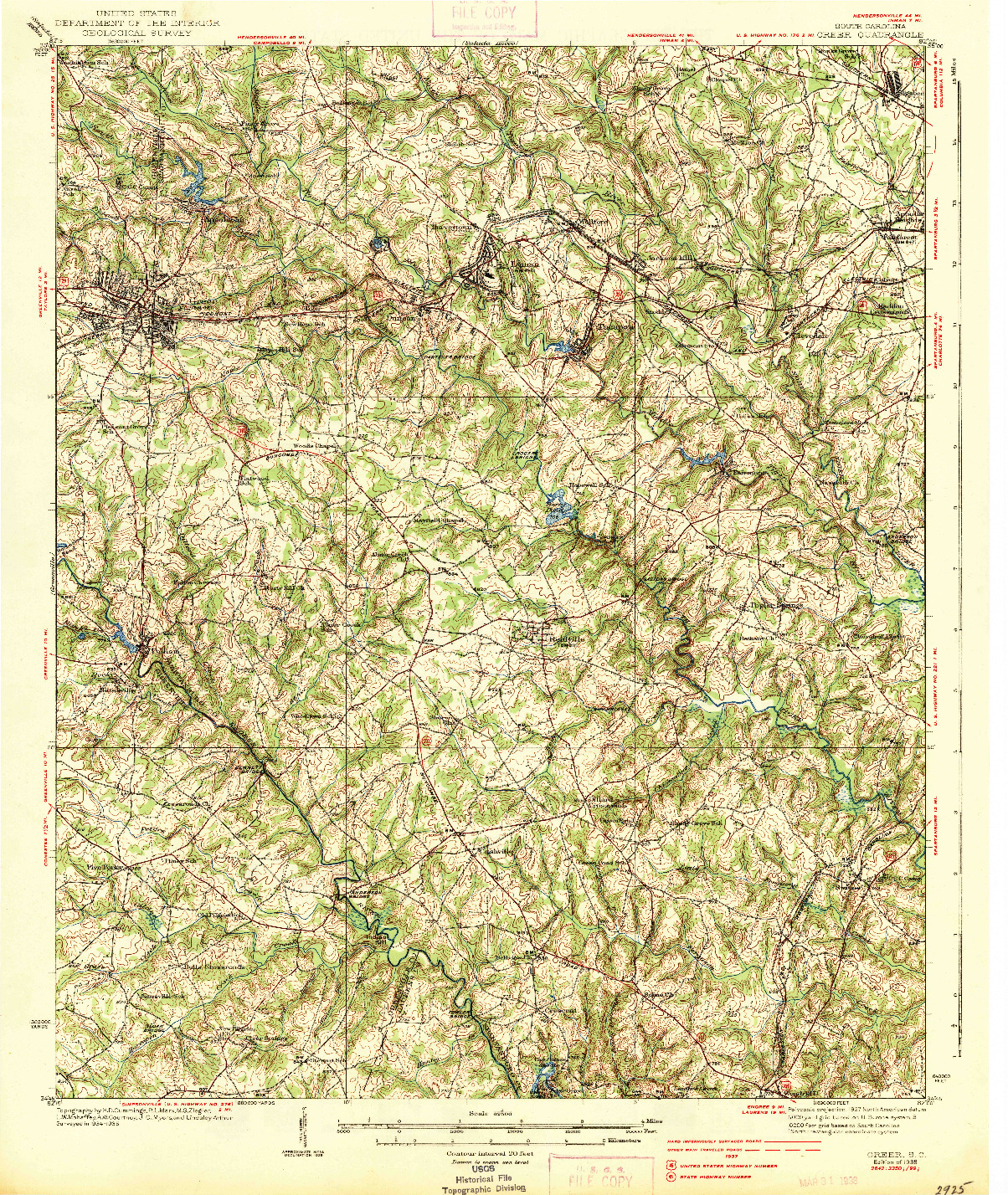 USGS 1:62500-SCALE QUADRANGLE FOR GREER, SC 1938