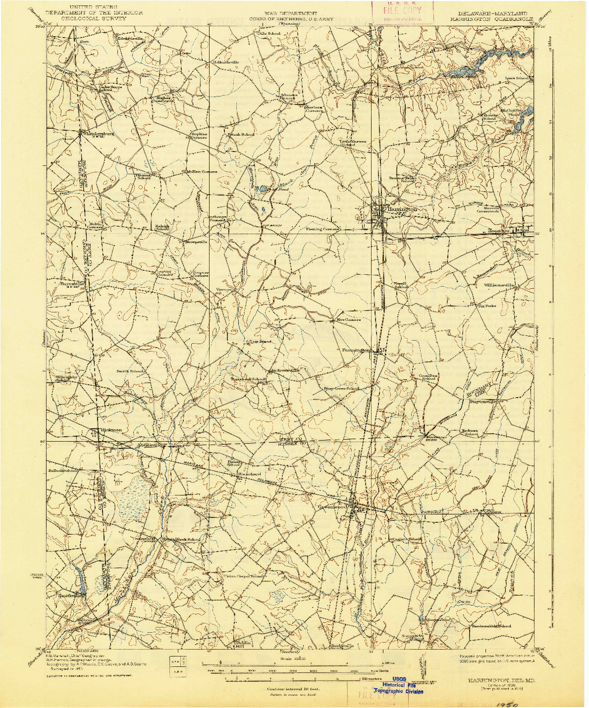 USGS 1:62500-SCALE QUADRANGLE FOR HARRINGTON, DE 1918