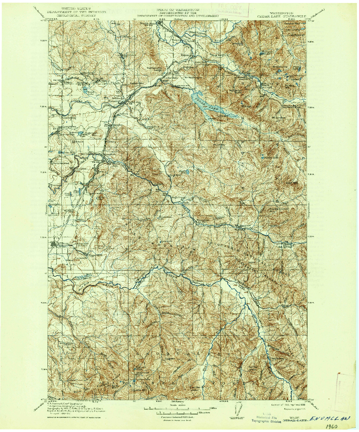 USGS 1:125000-SCALE QUADRANGLE FOR CEDAR LAKE, WA 1913