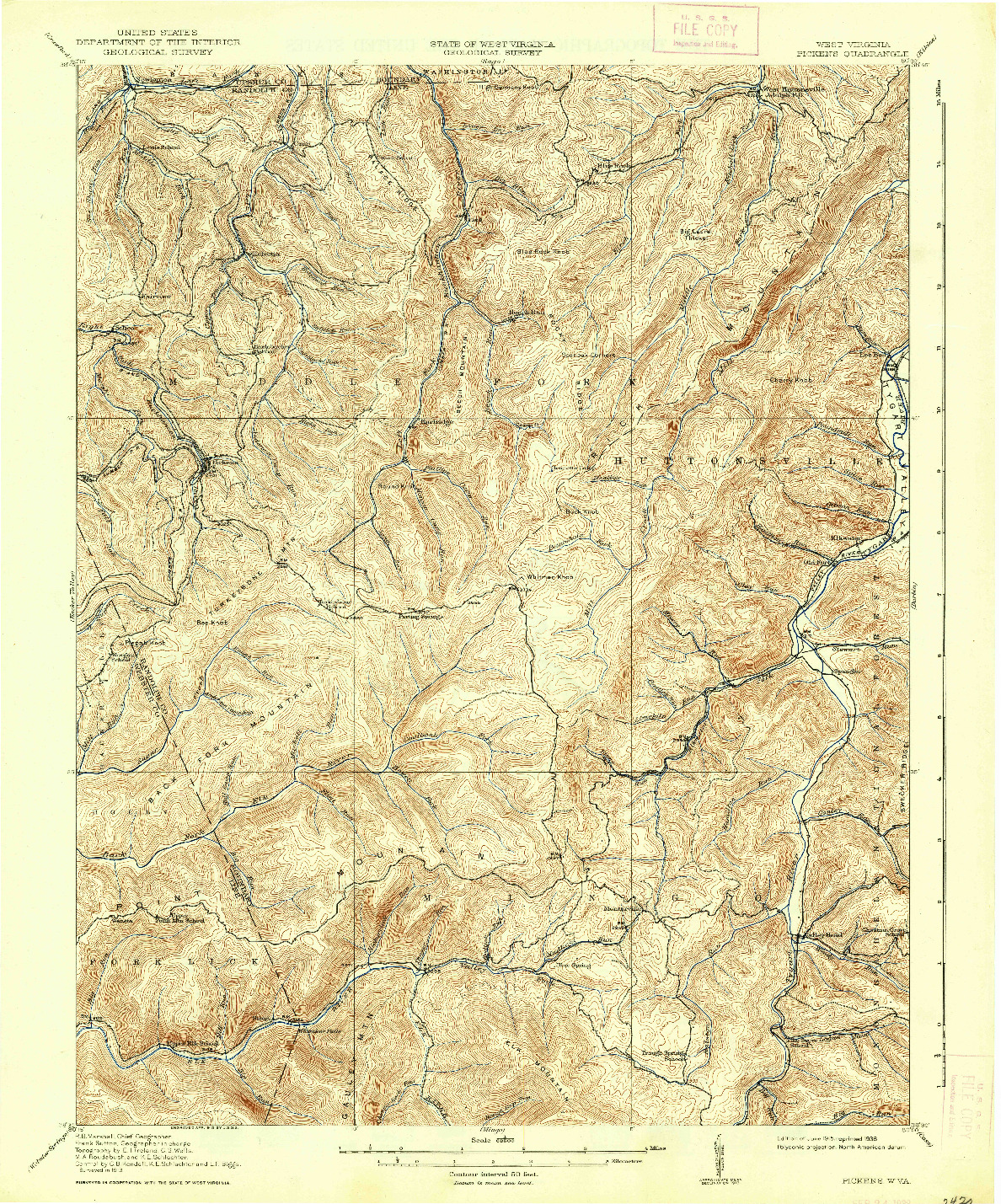 USGS 1:62500-SCALE QUADRANGLE FOR PICKENS, WV 1915