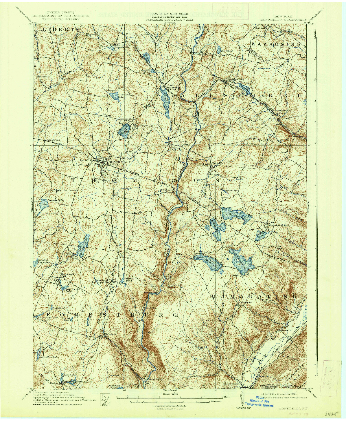 USGS 1:62500-SCALE QUADRANGLE FOR MONTICELLO, NY 1911