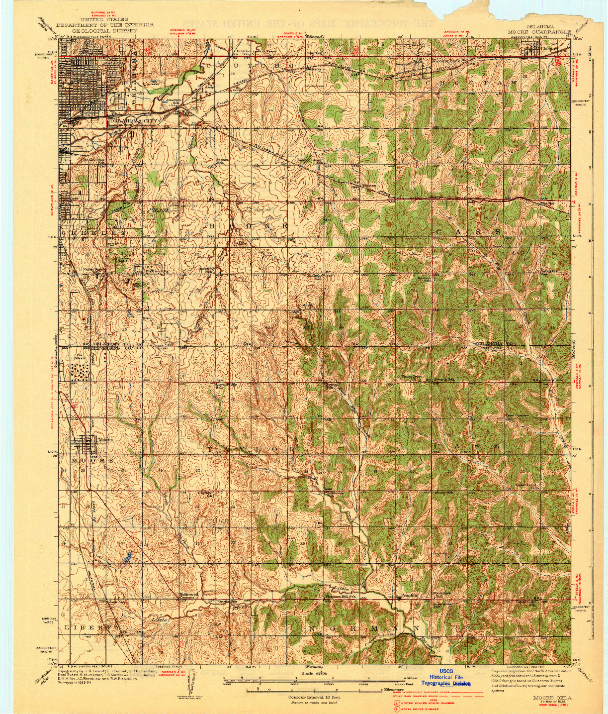 USGS 1:62500-SCALE QUADRANGLE FOR MOORE, OK 1938