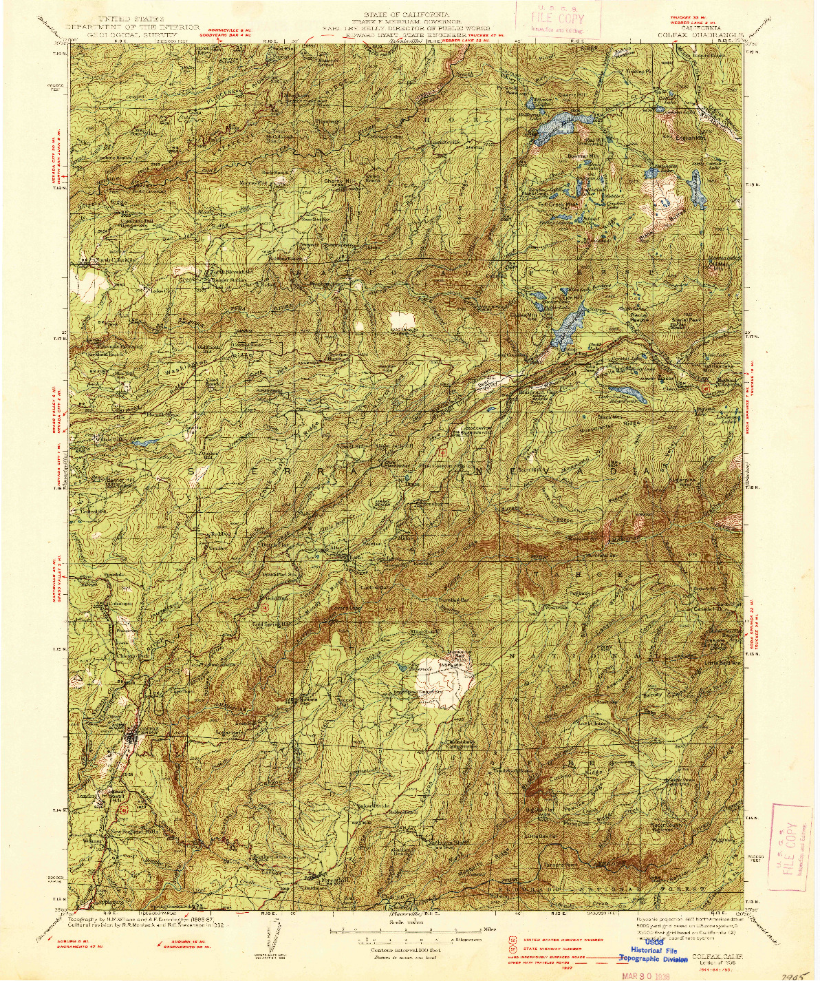 USGS 1:125000-SCALE QUADRANGLE FOR COLFAX, CA 1938