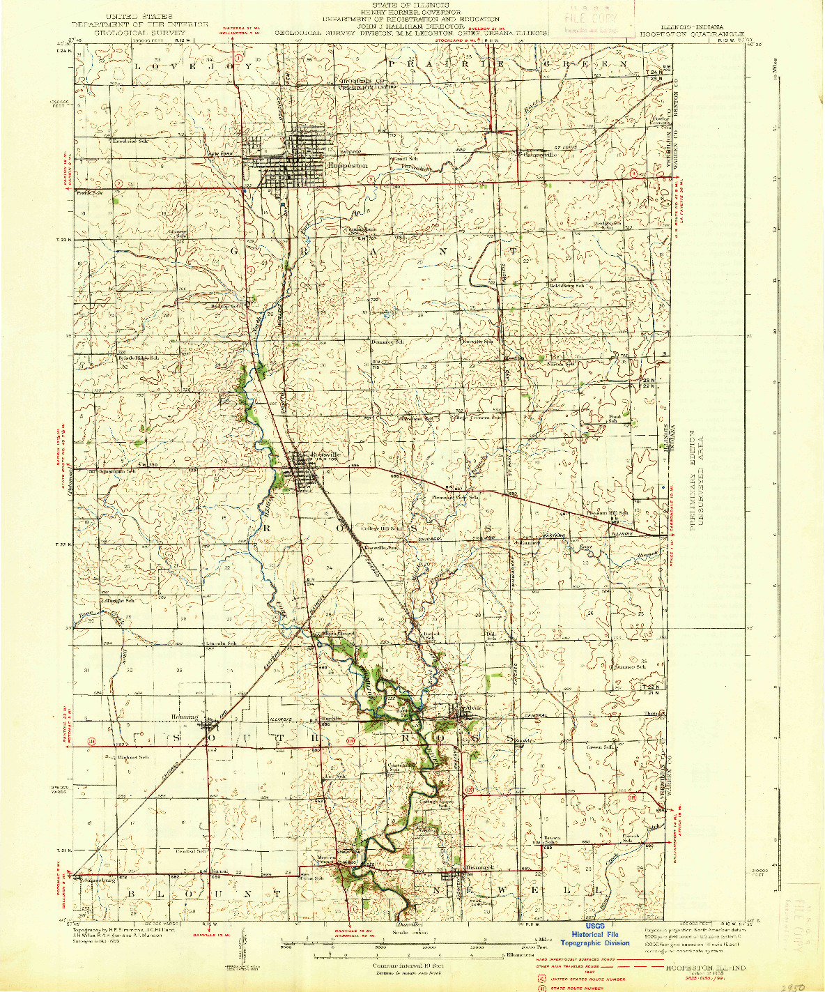 USGS 1:62500-SCALE QUADRANGLE FOR HOOPESTON, IL 1938