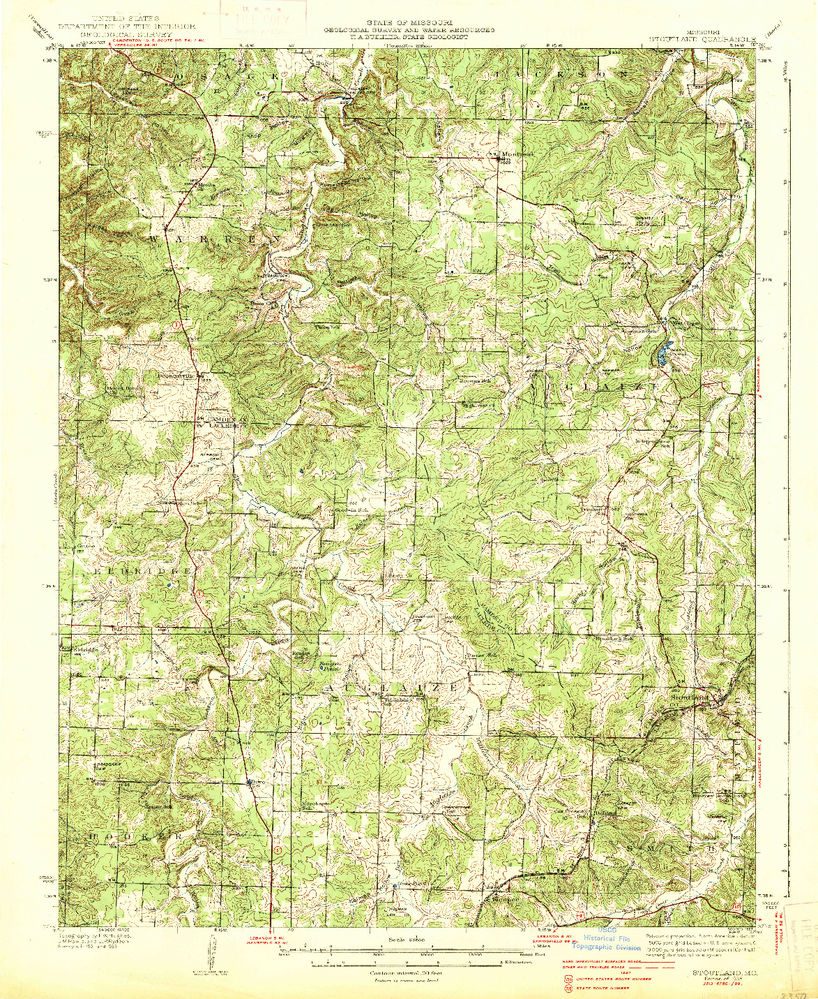 USGS 1:62500-SCALE QUADRANGLE FOR STOUTLAND, MO 1938
