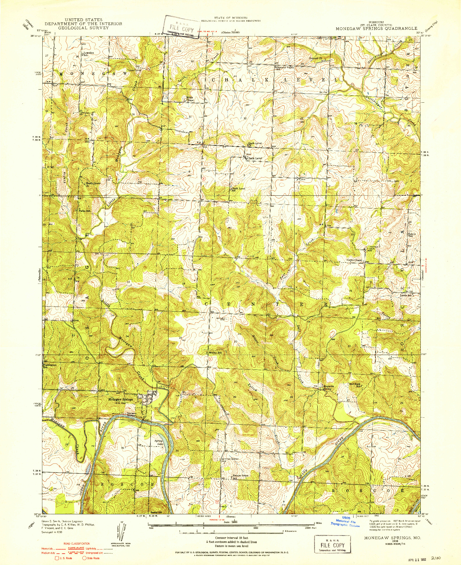 USGS 1:24000-SCALE QUADRANGLE FOR MONEGAW SPRINGS, MO 1938