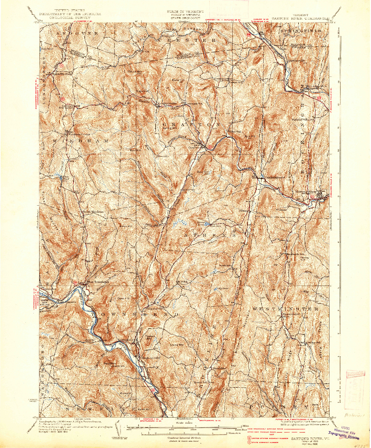 USGS 1:62500-SCALE QUADRANGLE FOR SAXTONS RIVER, VT 1933