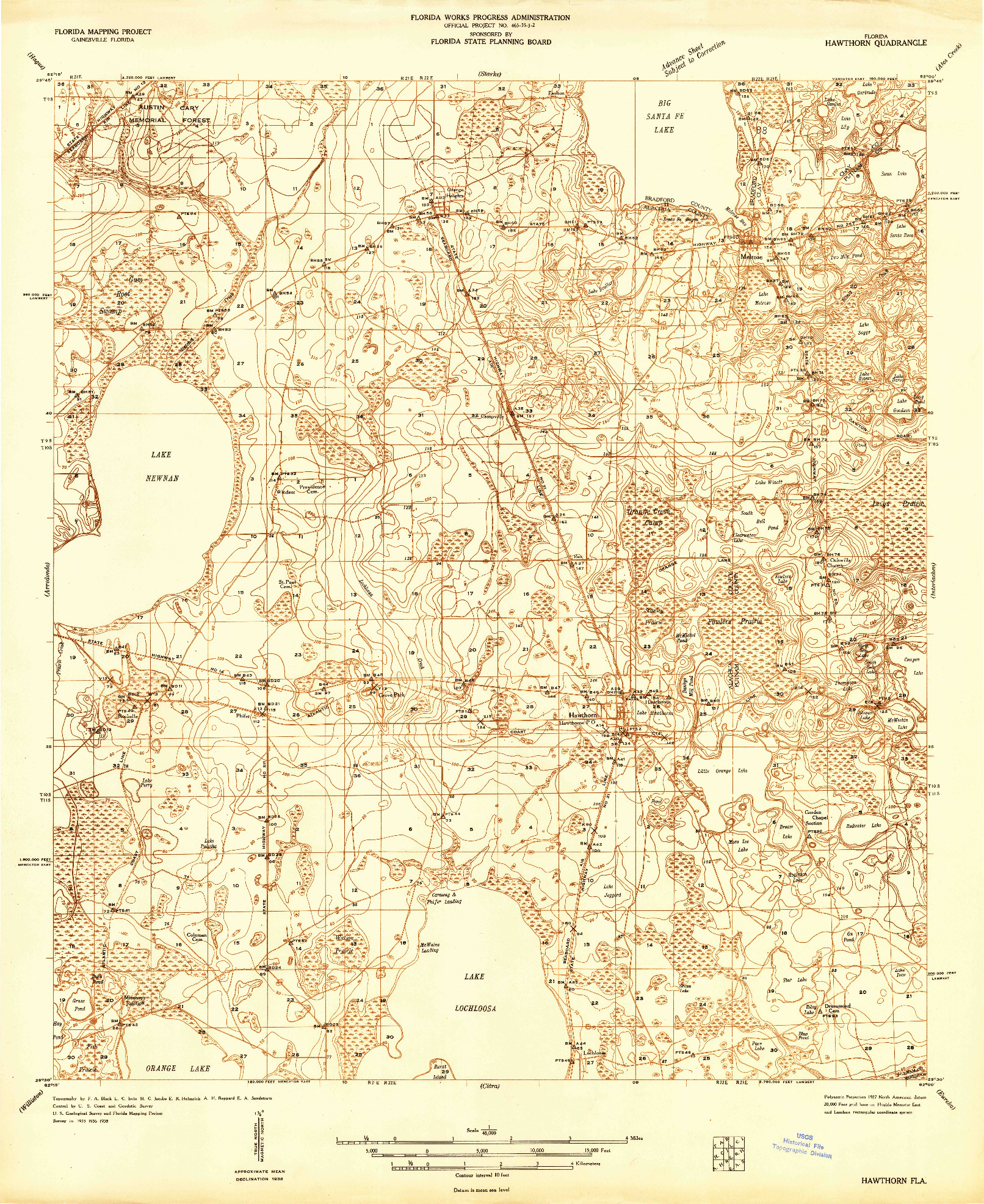 USGS 1:48000-SCALE QUADRANGLE FOR HAWTHORN, FL 1938