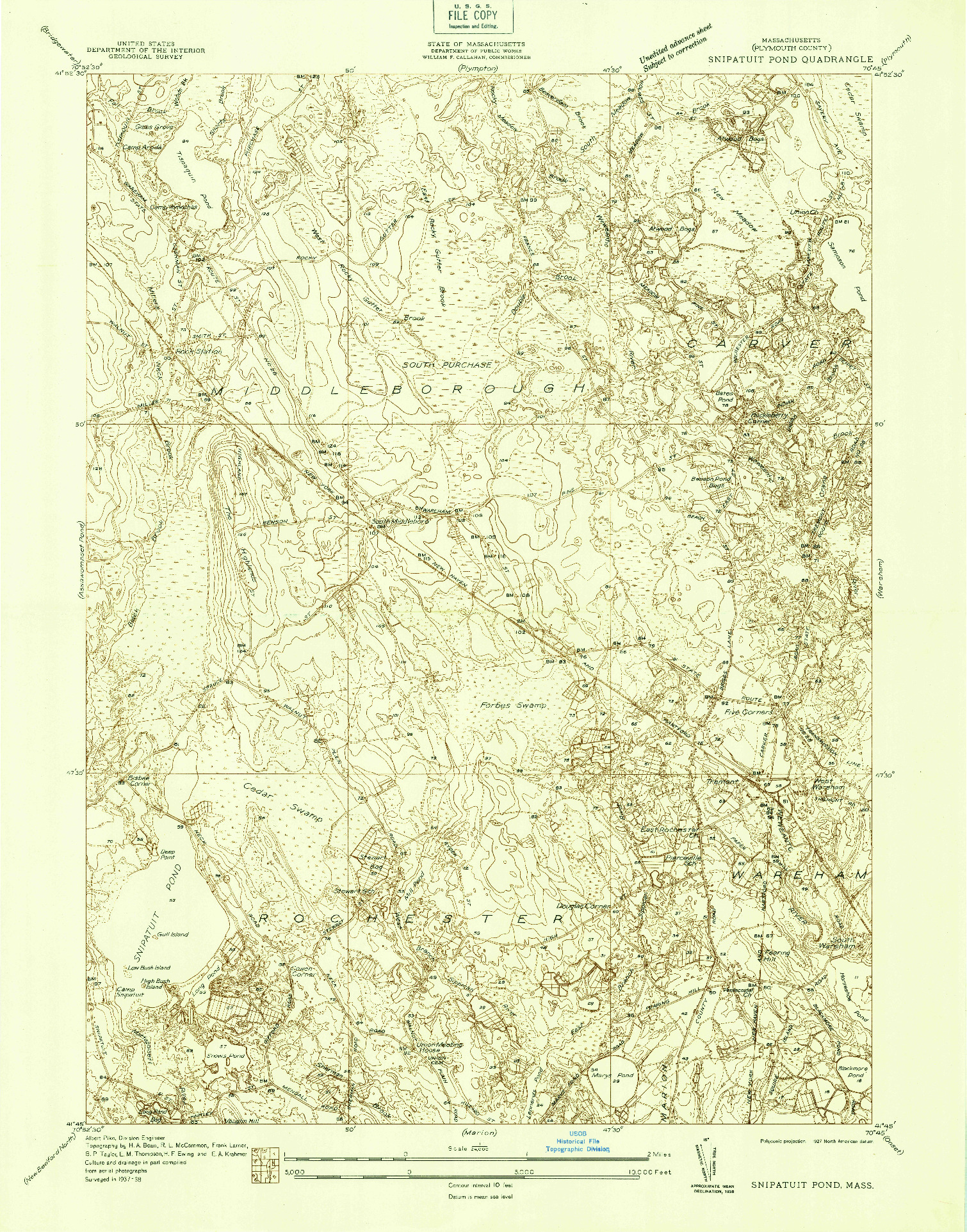 USGS 1:24000-SCALE QUADRANGLE FOR SNIPATUIT POND, MA 1938
