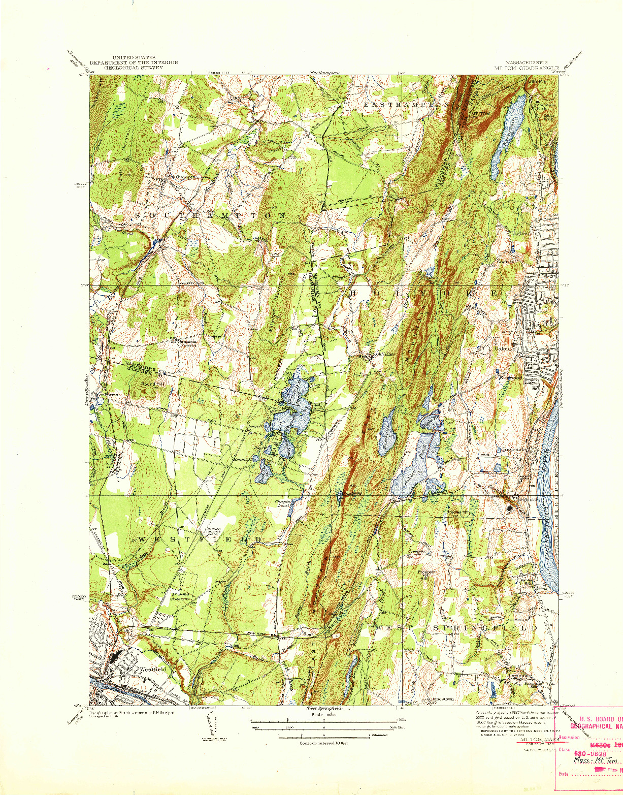 USGS 1:31680-SCALE QUADRANGLE FOR MT TOM, MA 1938