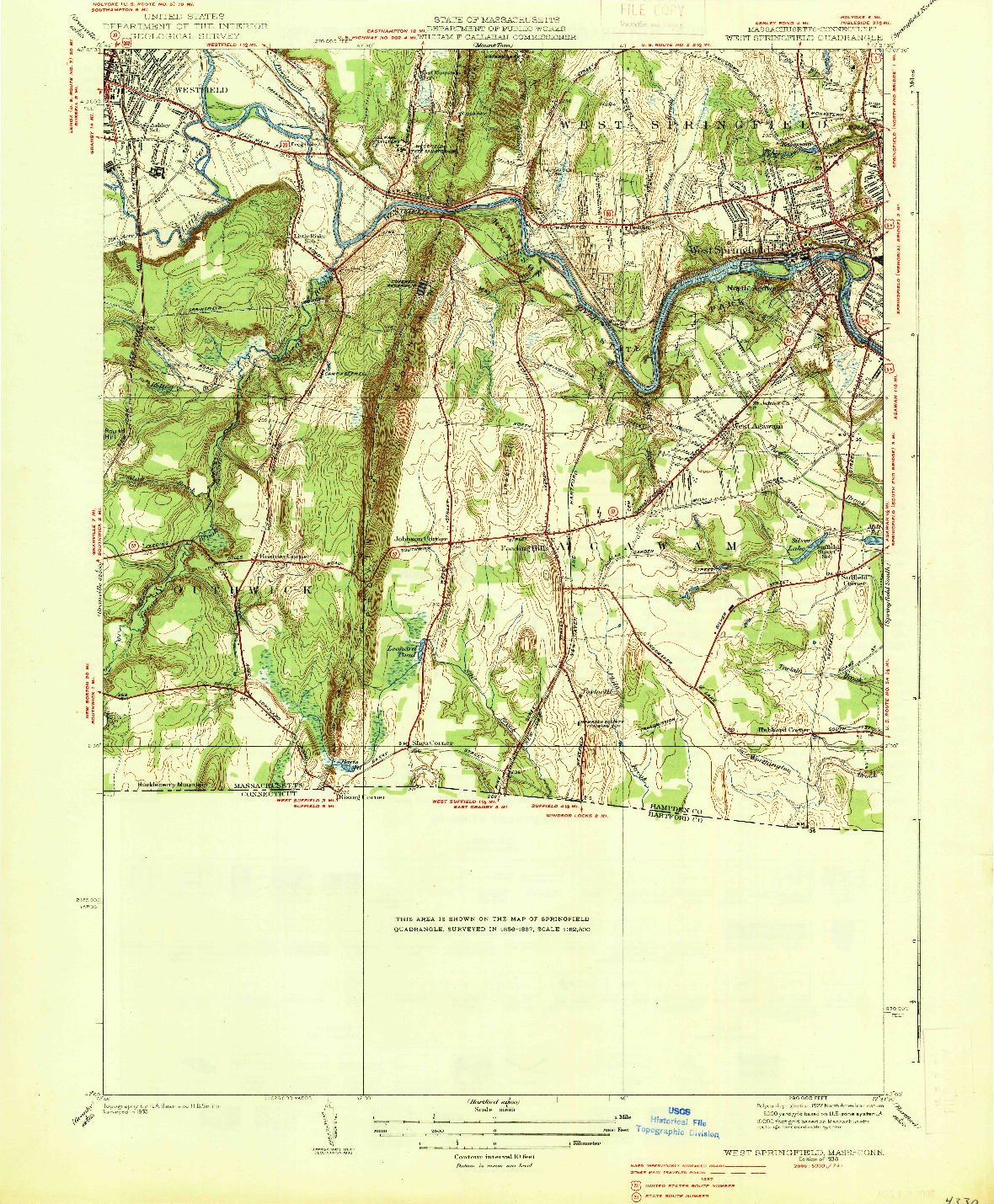 USGS 1:31680-SCALE QUADRANGLE FOR WEST SPRINGFIELD, MA 1938