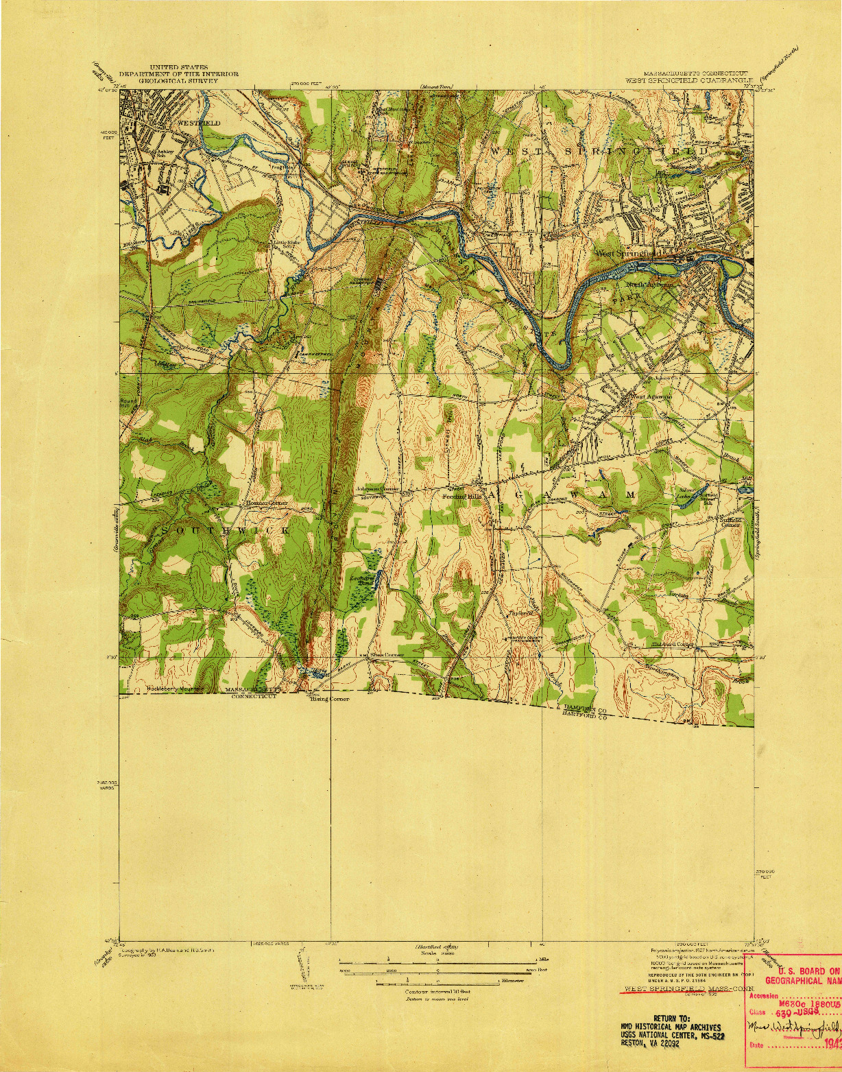 USGS 1:31680-SCALE QUADRANGLE FOR WEST SPRINGFIELD, MA 1938