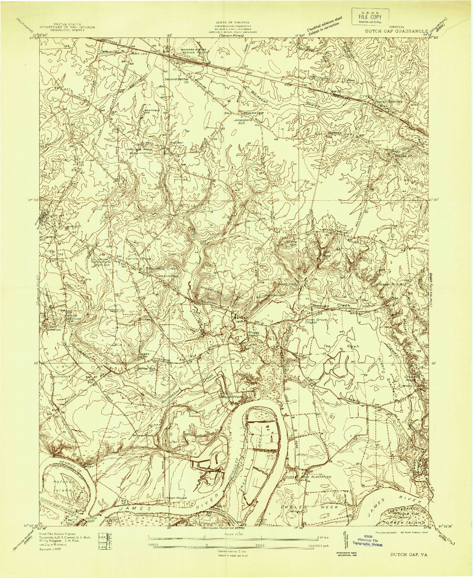 USGS 1:24000-SCALE QUADRANGLE FOR DUTCH GAP, VA 1938