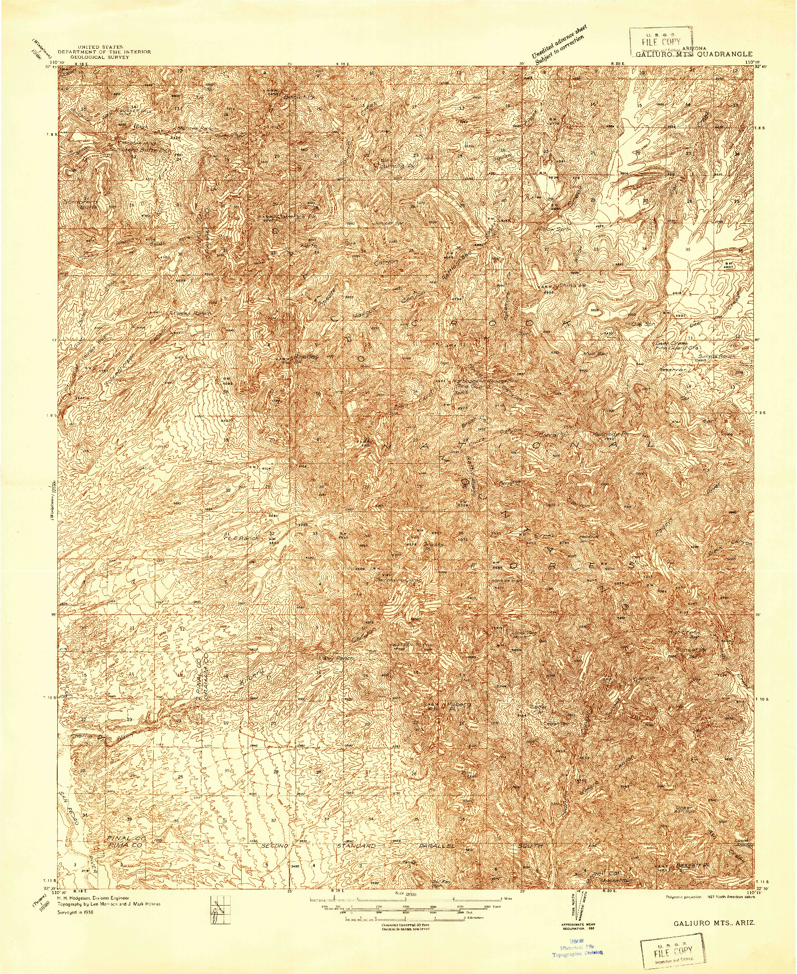 USGS 1:48000-SCALE QUADRANGLE FOR GALIURO MTS, AZ 1938