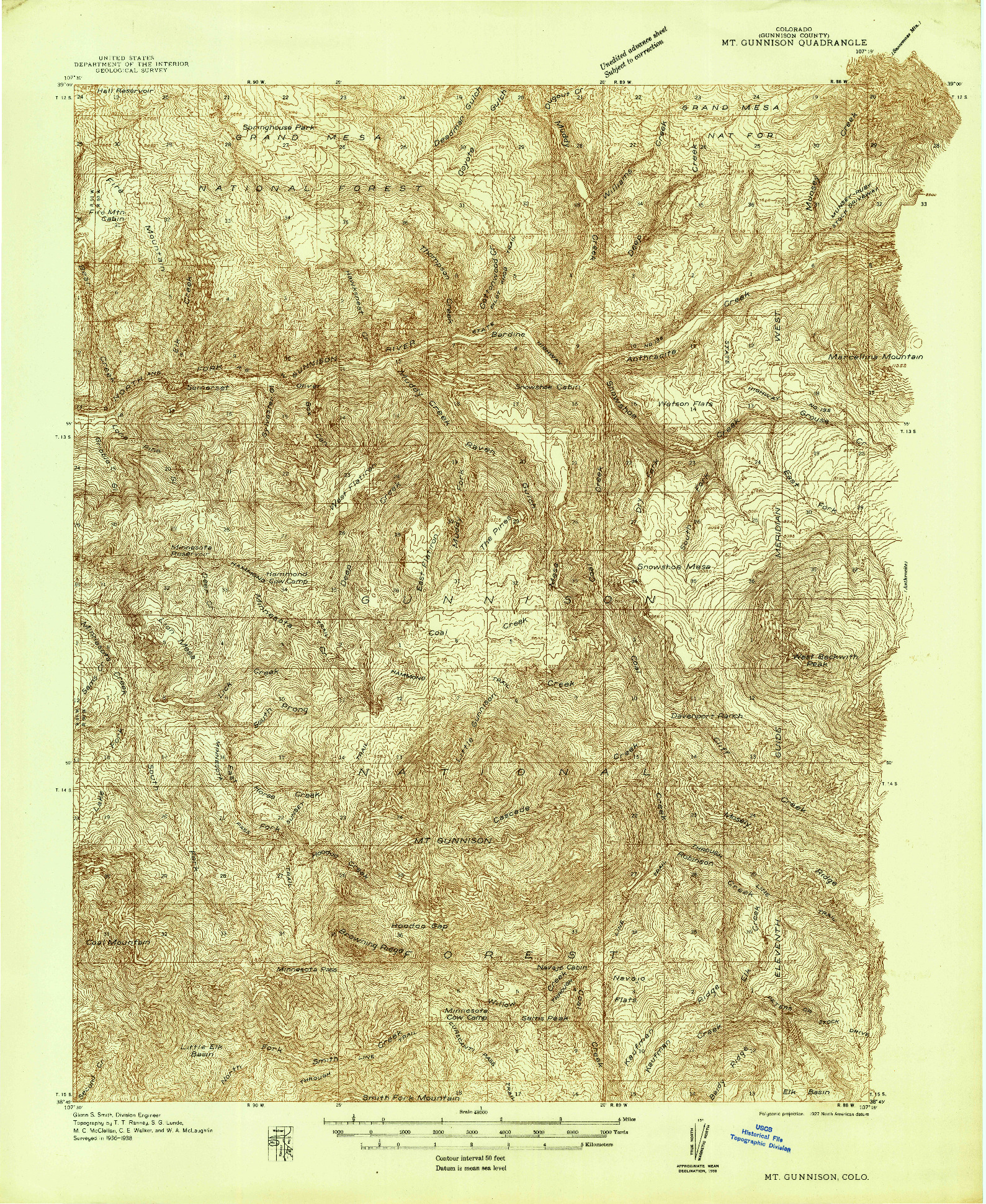 USGS 1:48000-SCALE QUADRANGLE FOR MT. GUNNISON, CO 1938