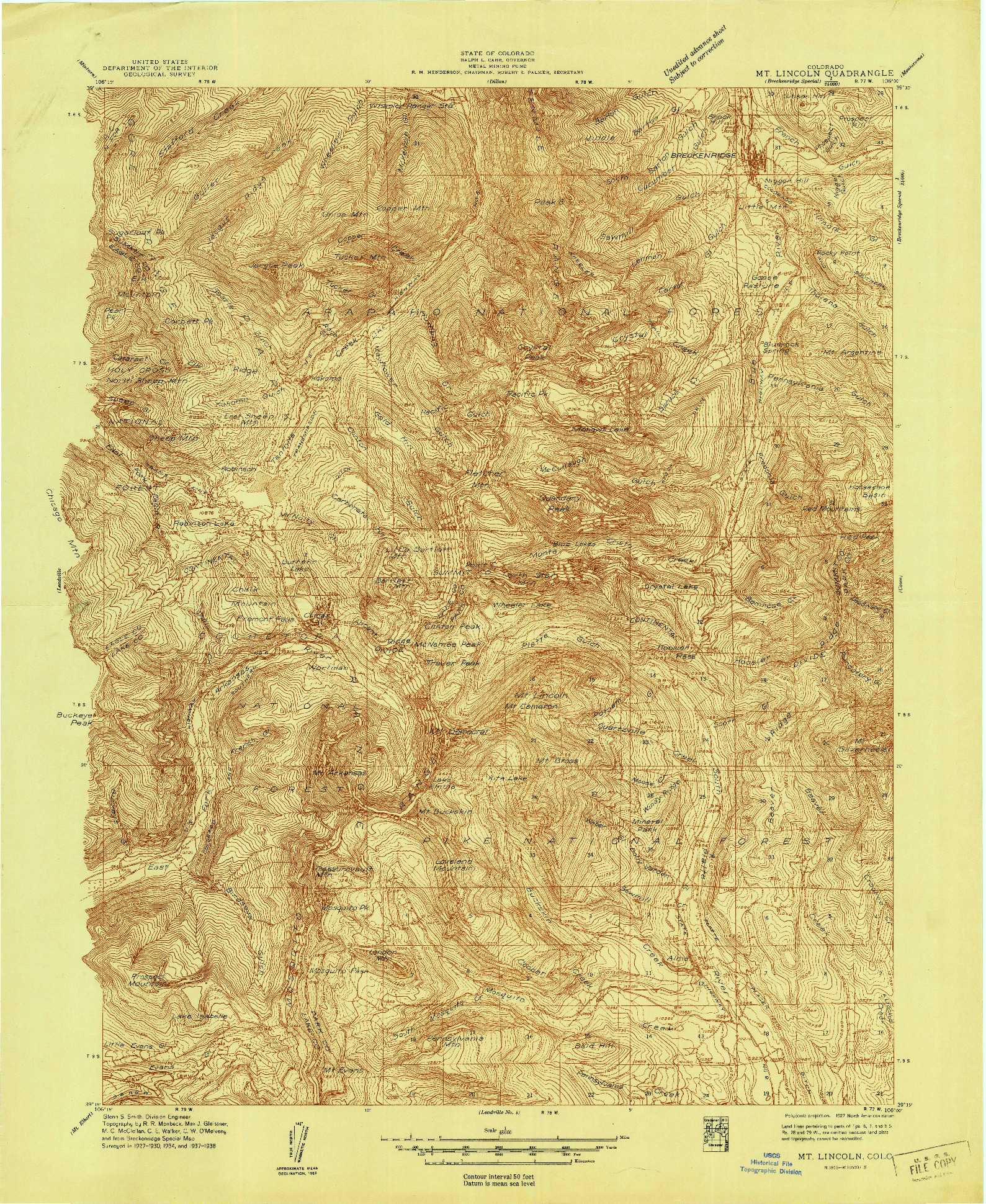 USGS 1:48000-SCALE QUADRANGLE FOR MT. LINCOLN, CO 1938