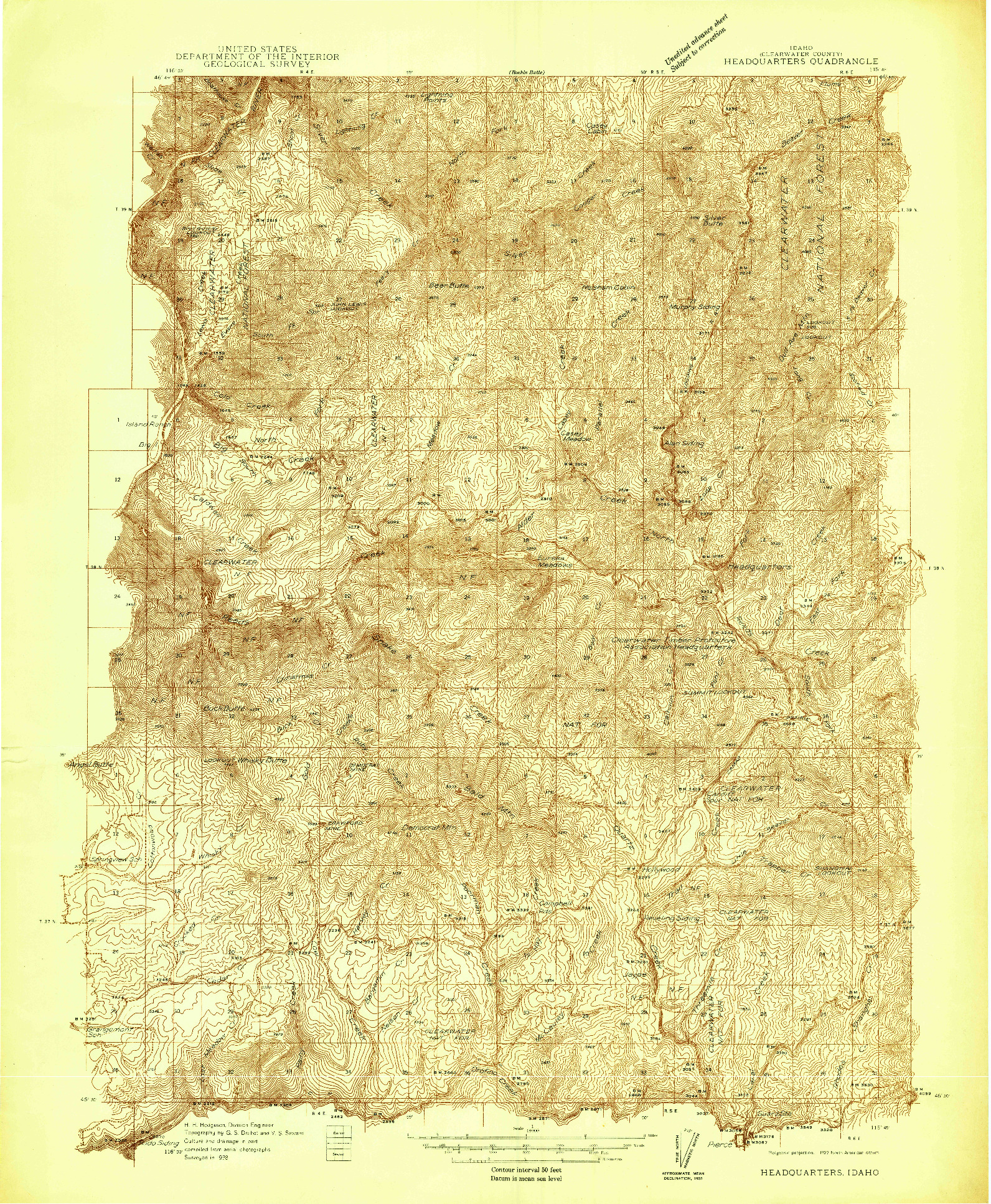 USGS 1:48000-SCALE QUADRANGLE FOR HEADQUARTERS, ID 1938