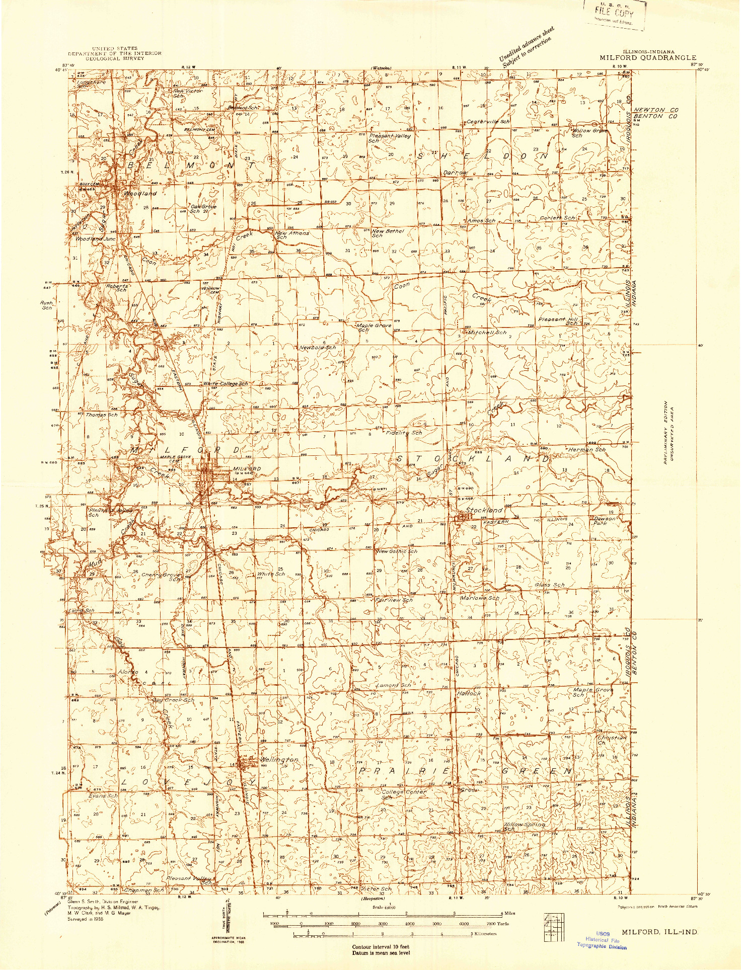 USGS 1:48000-SCALE QUADRANGLE FOR MILFORD, IL 1938