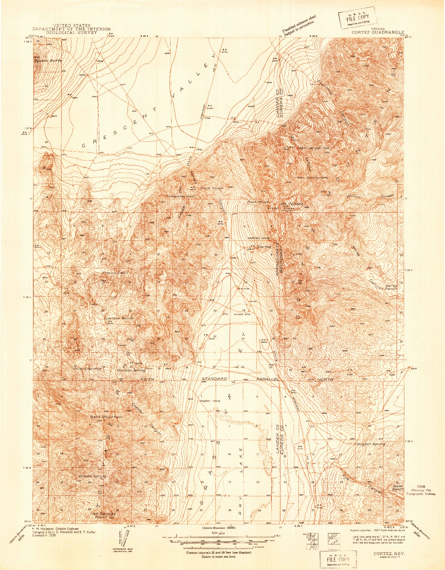 USGS 1:48000-SCALE QUADRANGLE FOR CORTEZ, NV 1938