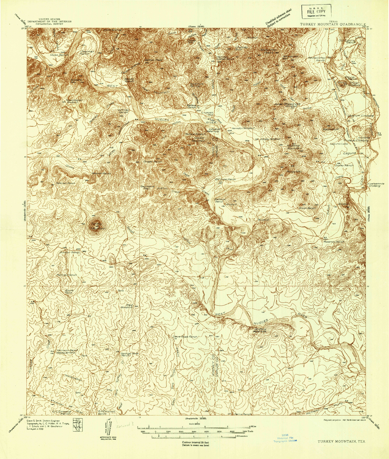 USGS 1:48000-SCALE QUADRANGLE FOR TURKEY MOUNTAIN, TX 1938