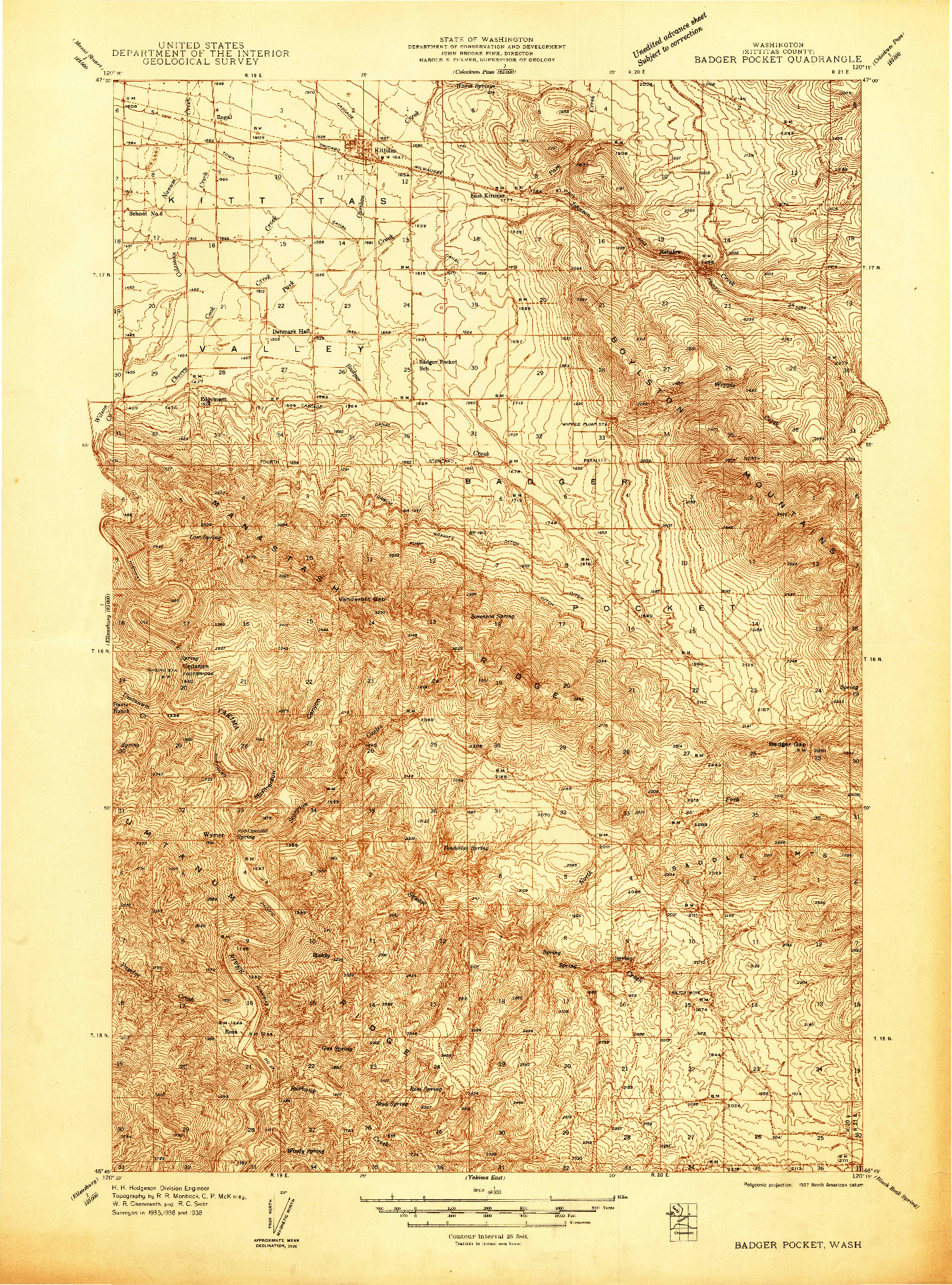 USGS 1:48000-SCALE QUADRANGLE FOR BADGER POCKET, WA 1938