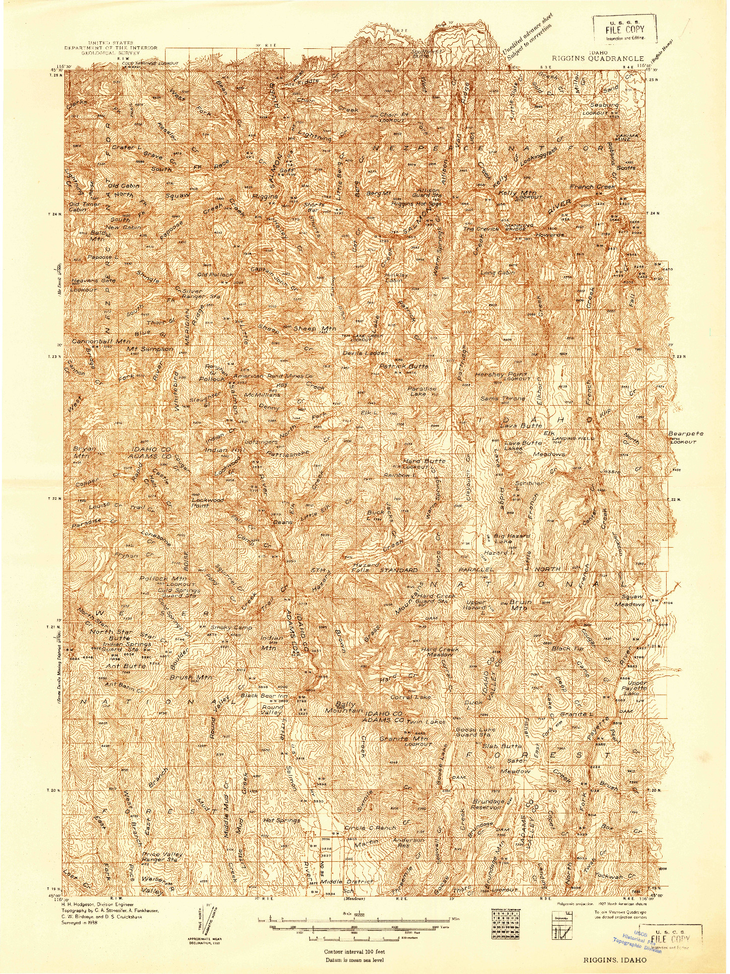 USGS 1:96000-SCALE QUADRANGLE FOR RIGGINS, ID 1938