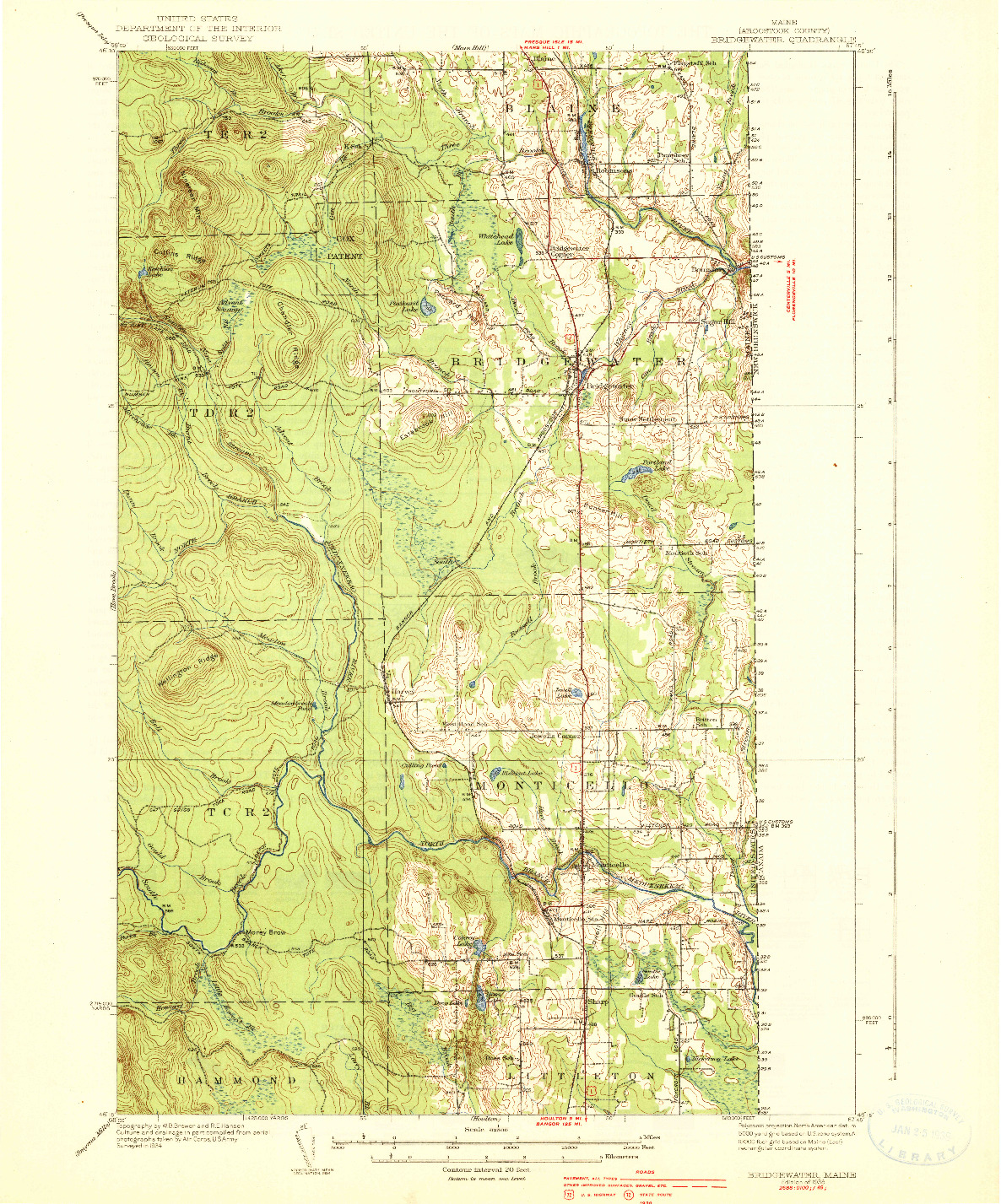 USGS 1:62500-SCALE QUADRANGLE FOR BRIDGEWATER, ME 1938