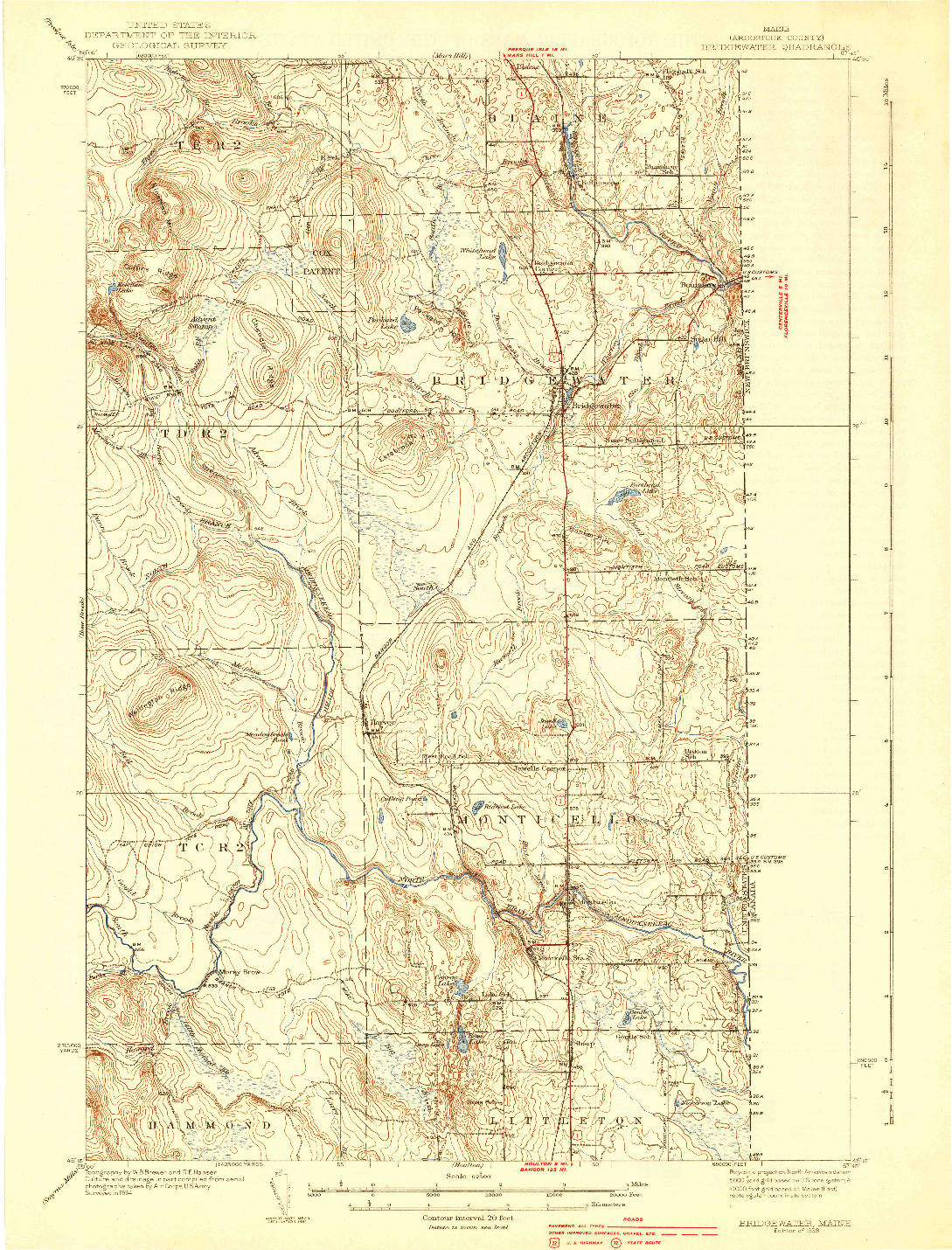 USGS 1:62500-SCALE QUADRANGLE FOR BRIDGEWATER, ME 1938