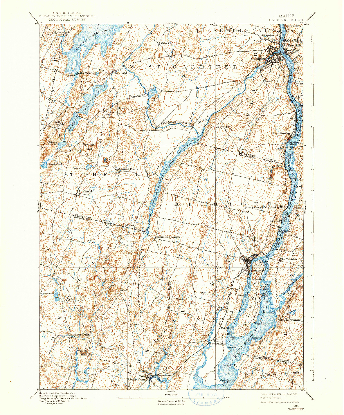 USGS 1:62500-SCALE QUADRANGLE FOR GARDINER, ME 1892