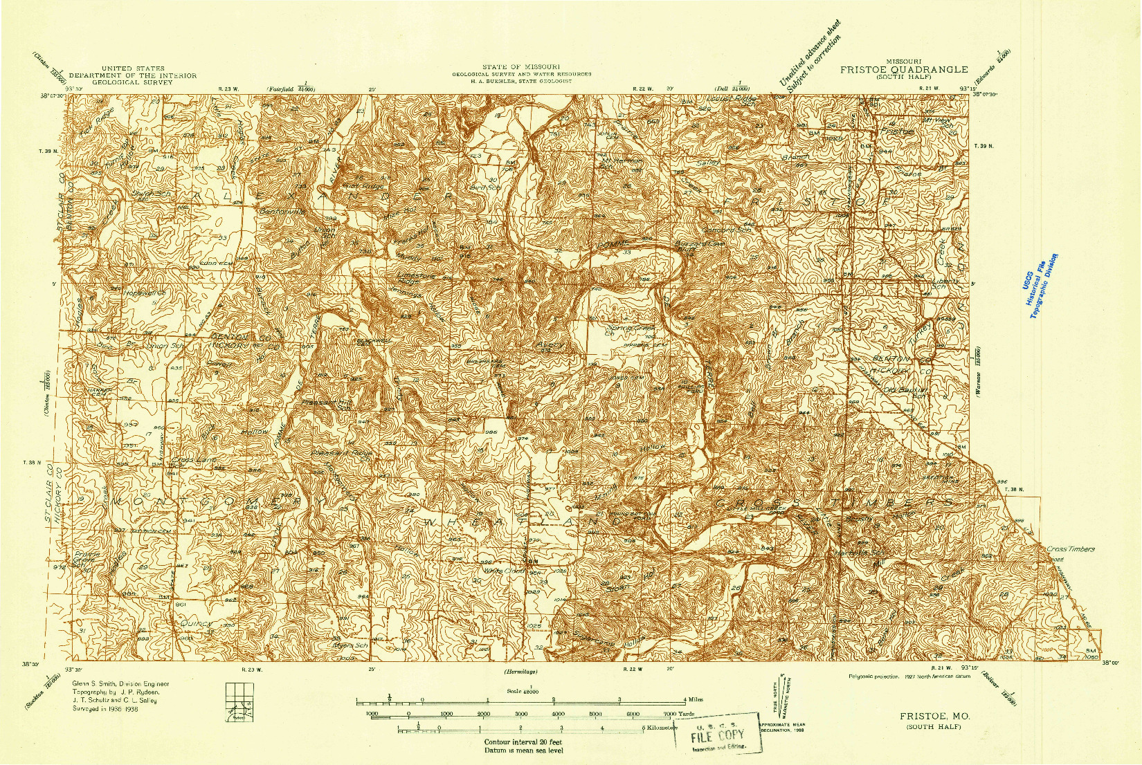USGS 1:48000-SCALE QUADRANGLE FOR FRISTOE, MO 1938