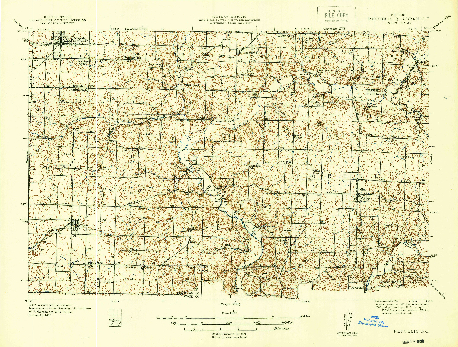 USGS 1:48000-SCALE QUADRANGLE FOR REPUBLIC, MO 1938