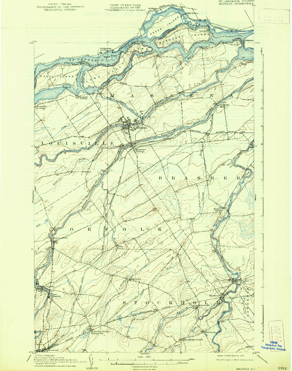 USGS 1:62500-SCALE QUADRANGLE FOR MASSENA, NY 1907