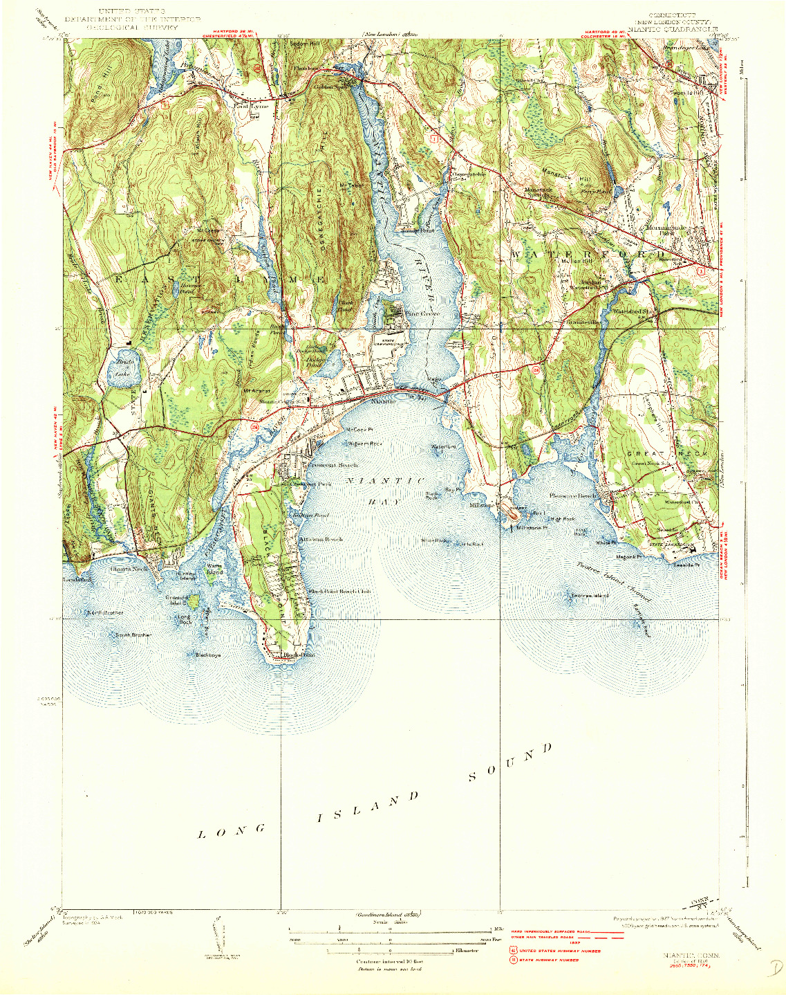 USGS 1:62500-SCALE QUADRANGLE FOR NIANTIC, CT 1938