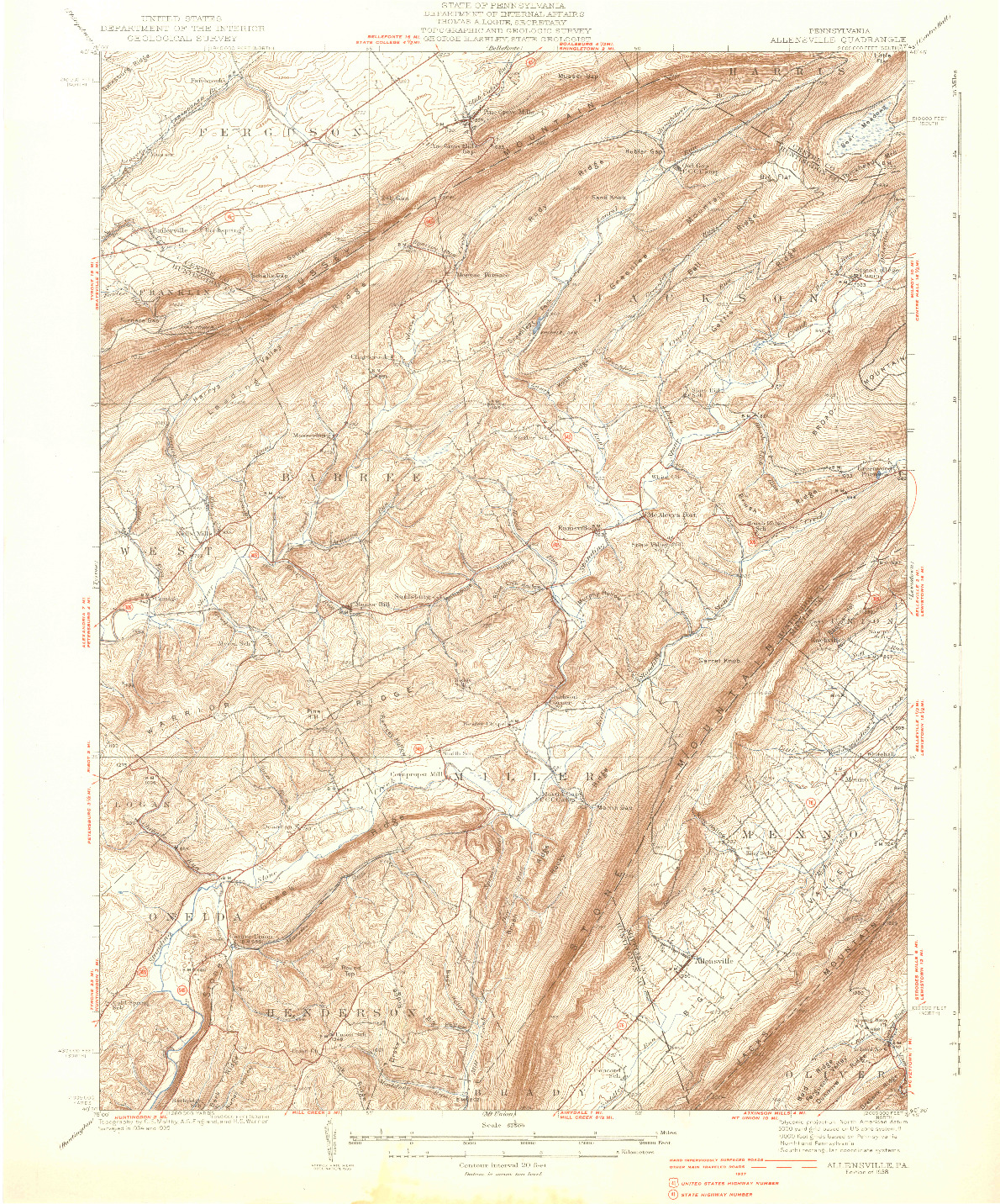 USGS 1:62500-SCALE QUADRANGLE FOR ALLENSVILLE, PA 1938