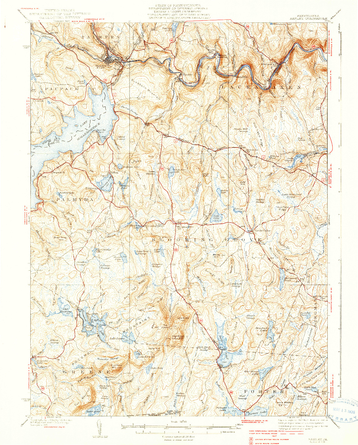 USGS 1:62500-SCALE QUADRANGLE FOR HAWLEY, PA 1938
