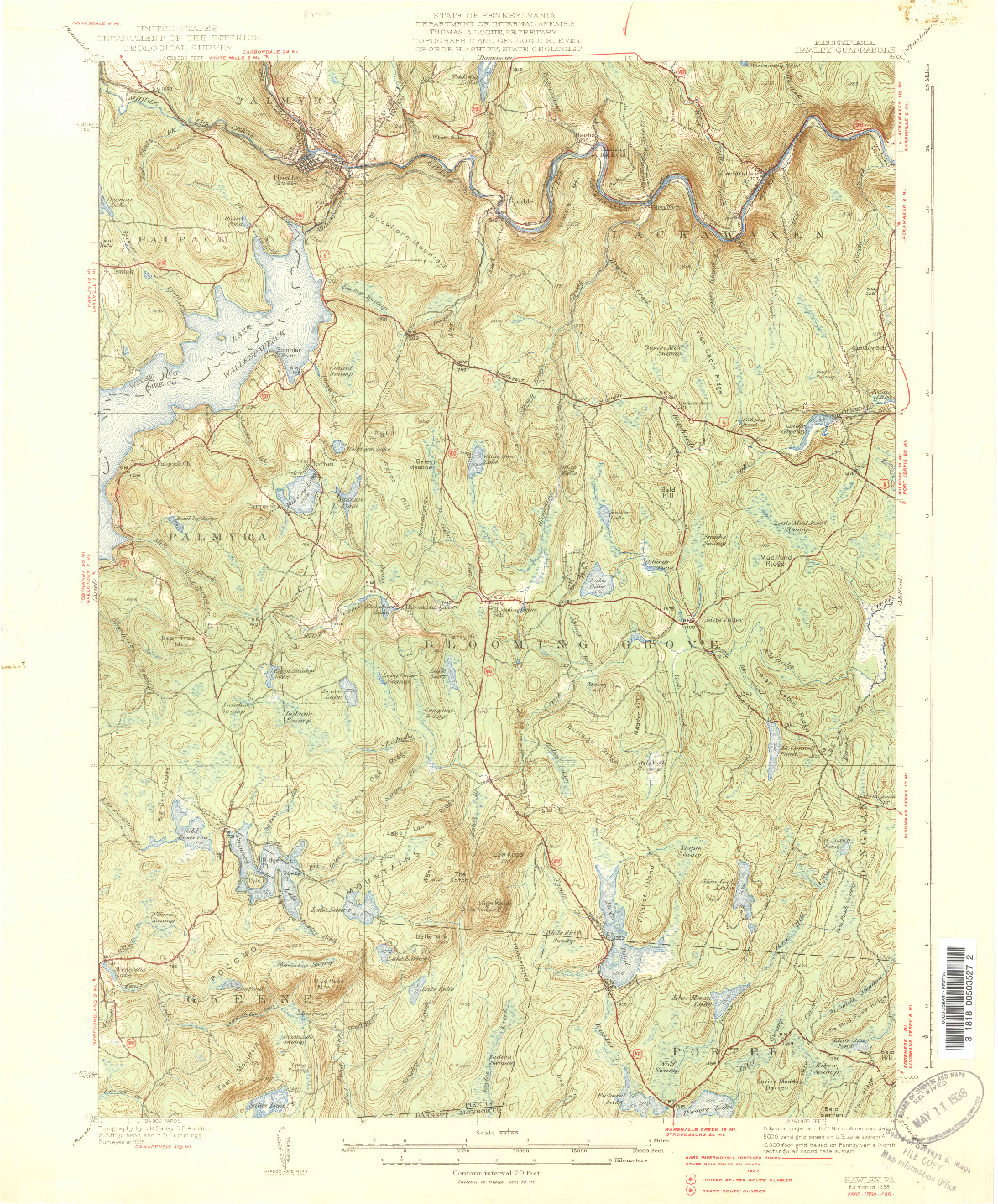 USGS 1:62500-SCALE QUADRANGLE FOR HAWLEY, PA 1938
