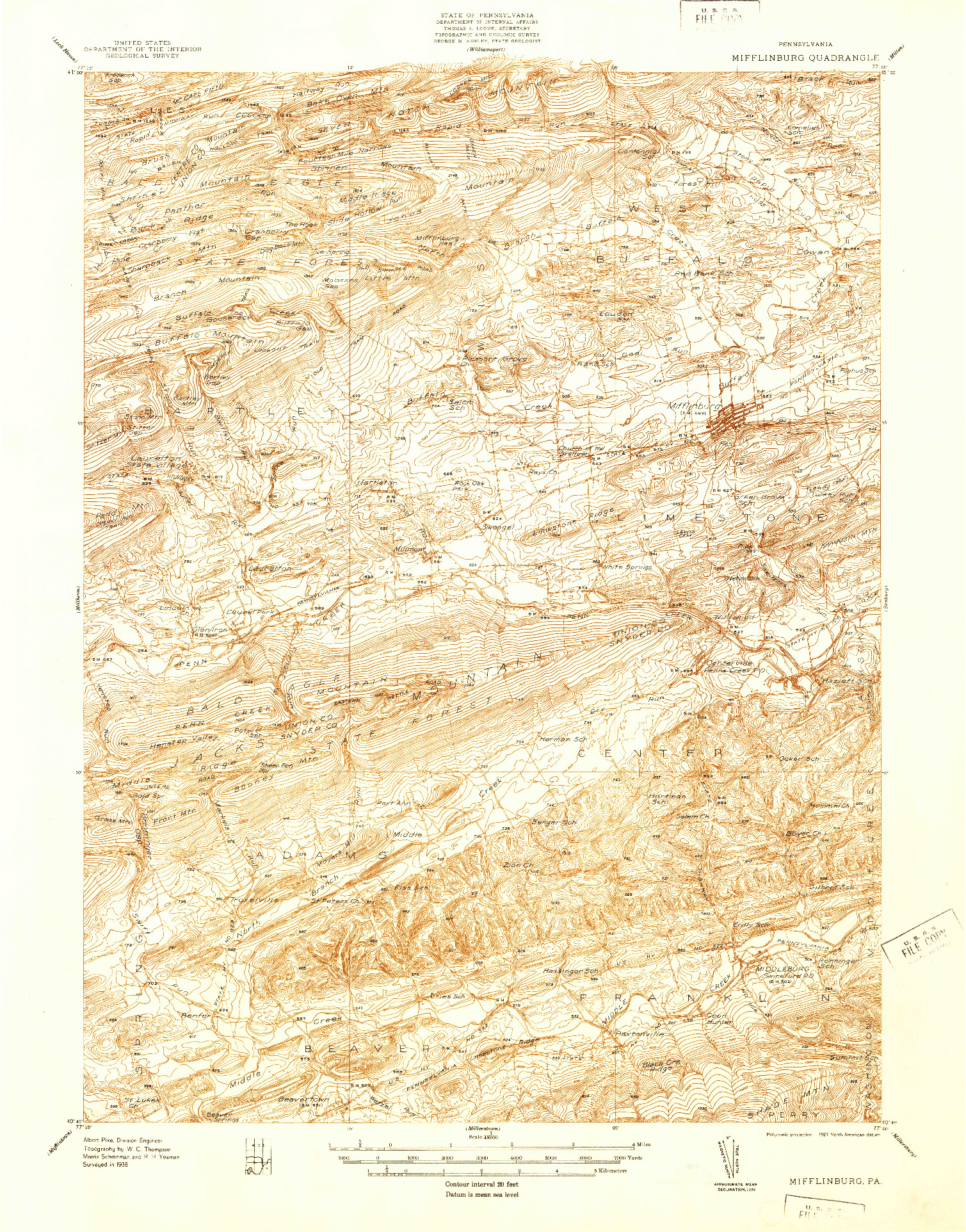 USGS 1:48000-SCALE QUADRANGLE FOR MIFFLINBURG, PA 1938