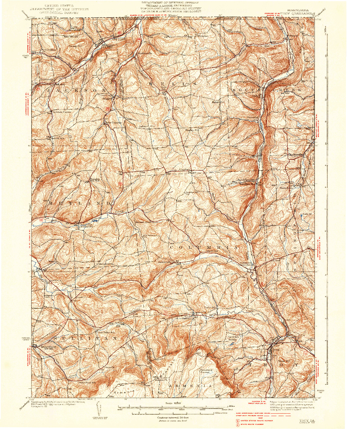 USGS 1:62500-SCALE QUADRANGLE FOR TROY, PA 1938