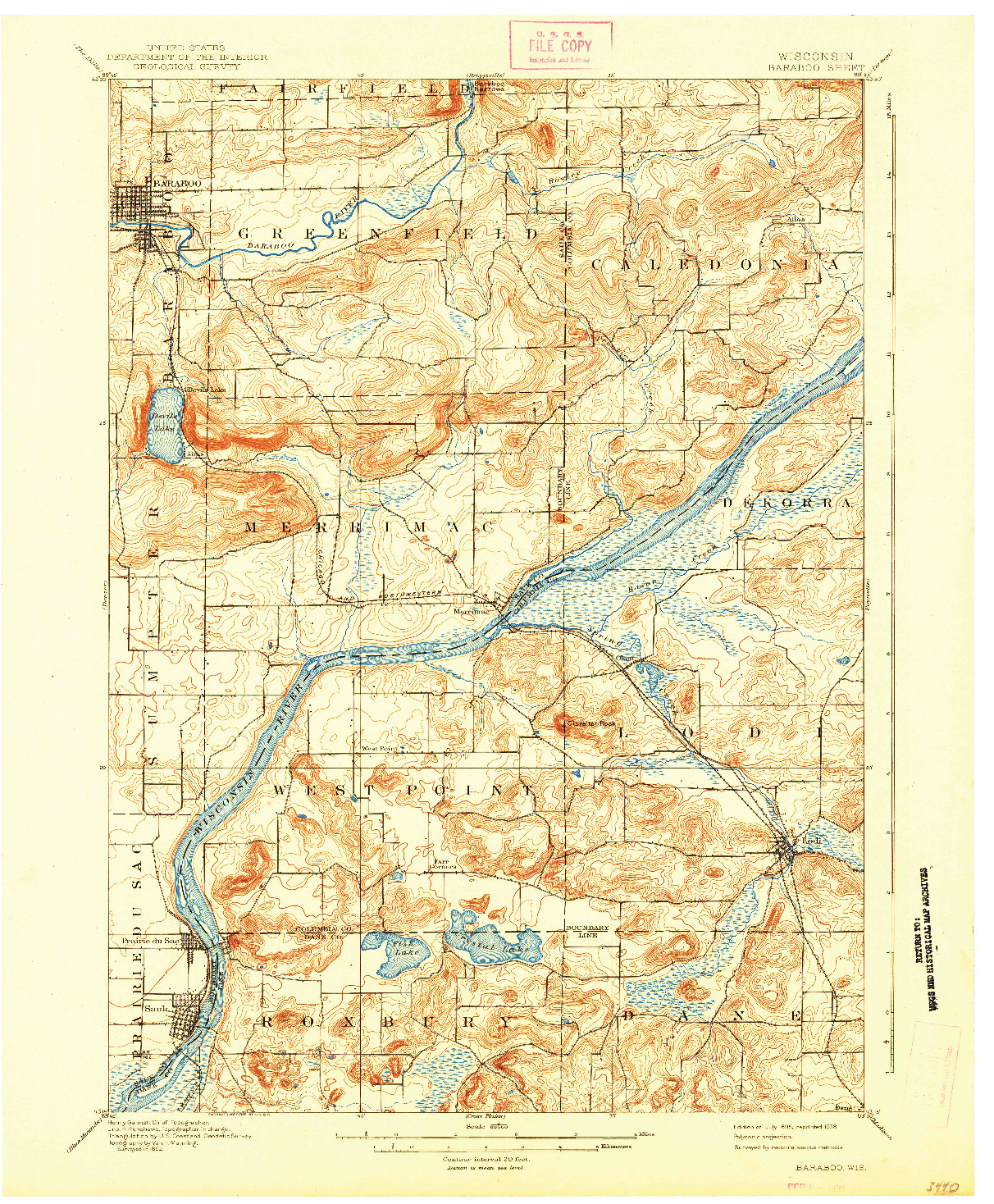 USGS 1:62500-SCALE QUADRANGLE FOR BARABOO, WI 1895