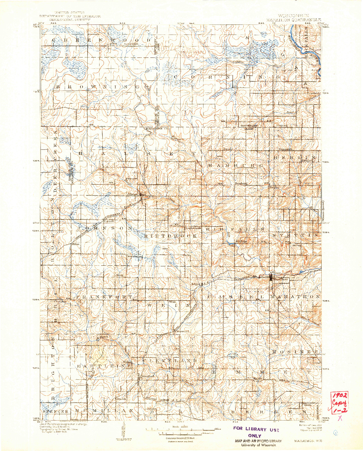 USGS 1:125000-SCALE QUADRANGLE FOR MARATHON, WI 1902