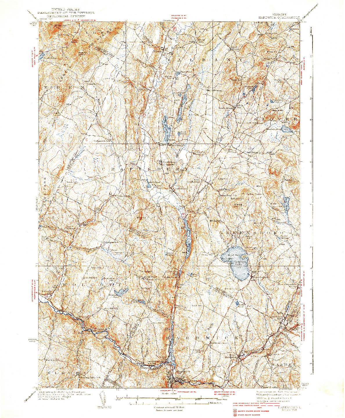 USGS 1:62500-SCALE QUADRANGLE FOR HARDWICK, VT 1938