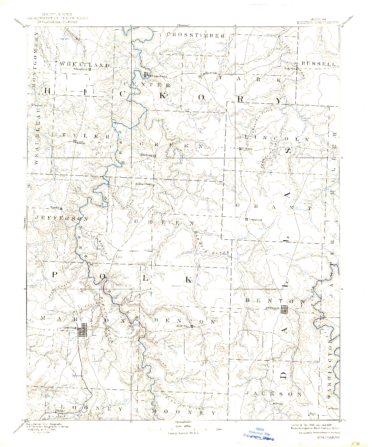 USGS 1:125000-SCALE QUADRANGLE FOR BOLIVAR, MO 1892