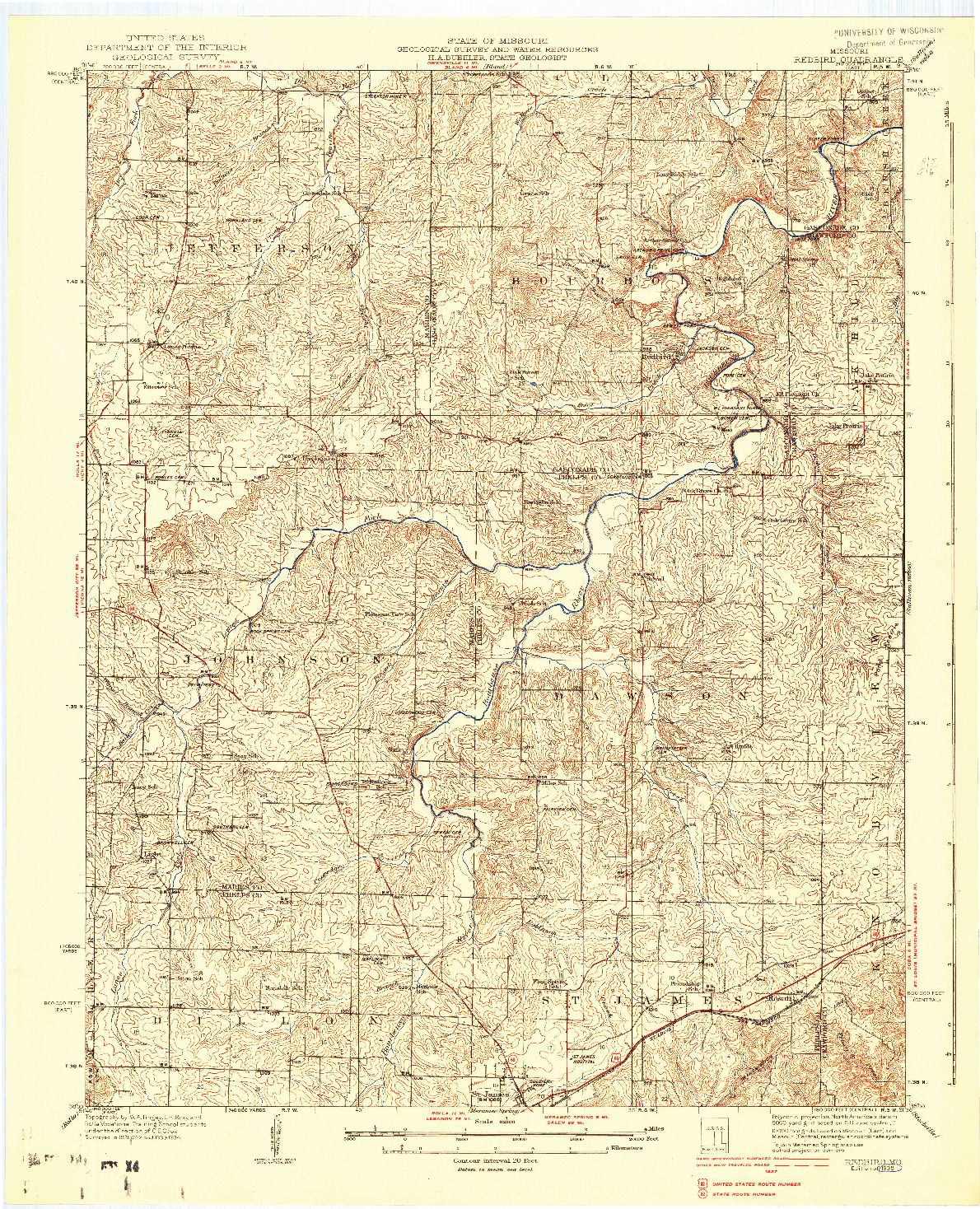 USGS 1:62500-SCALE QUADRANGLE FOR REDBIRD, MO 1938