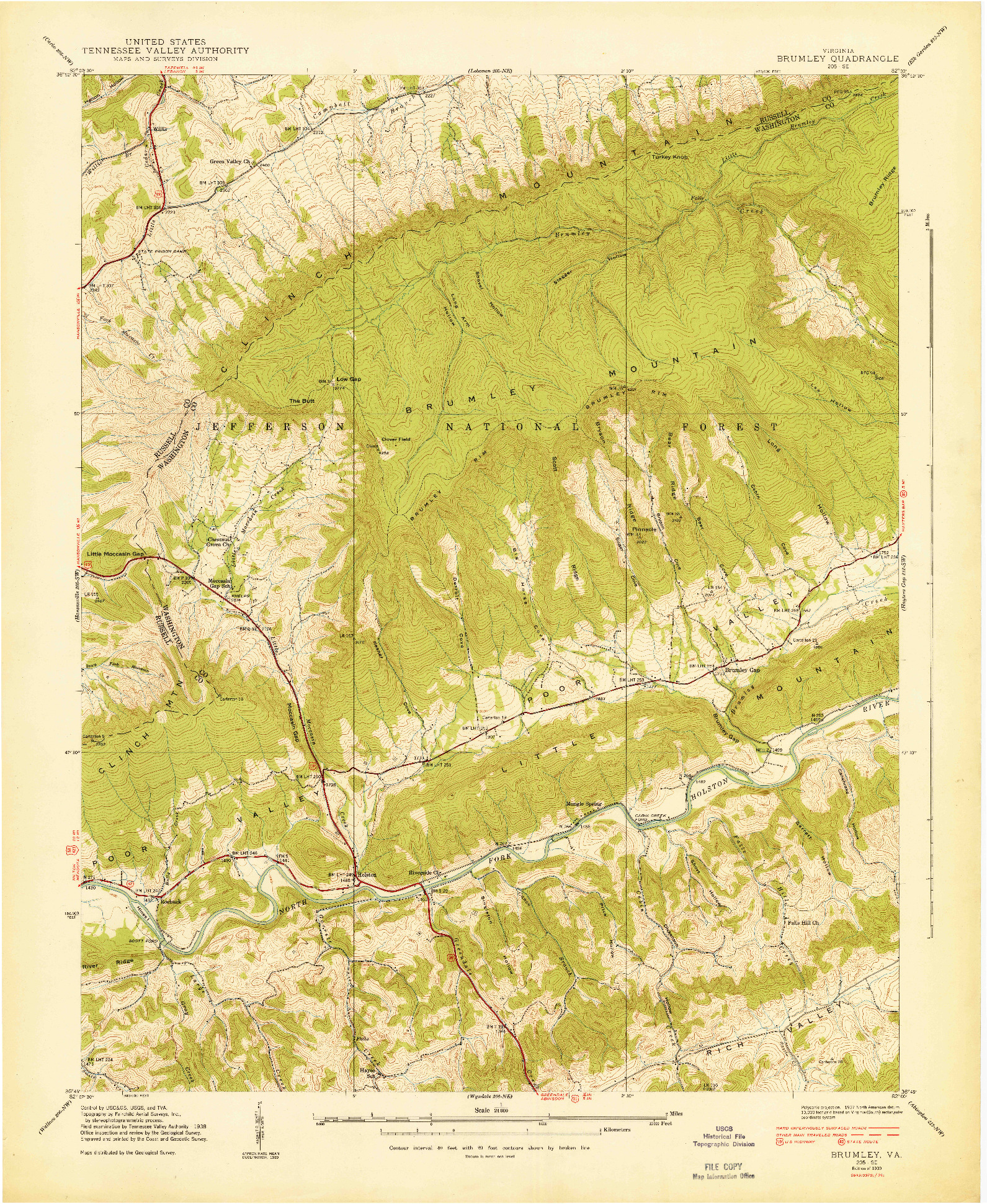 USGS 1:24000-SCALE QUADRANGLE FOR BRUMLEY, VA 1939