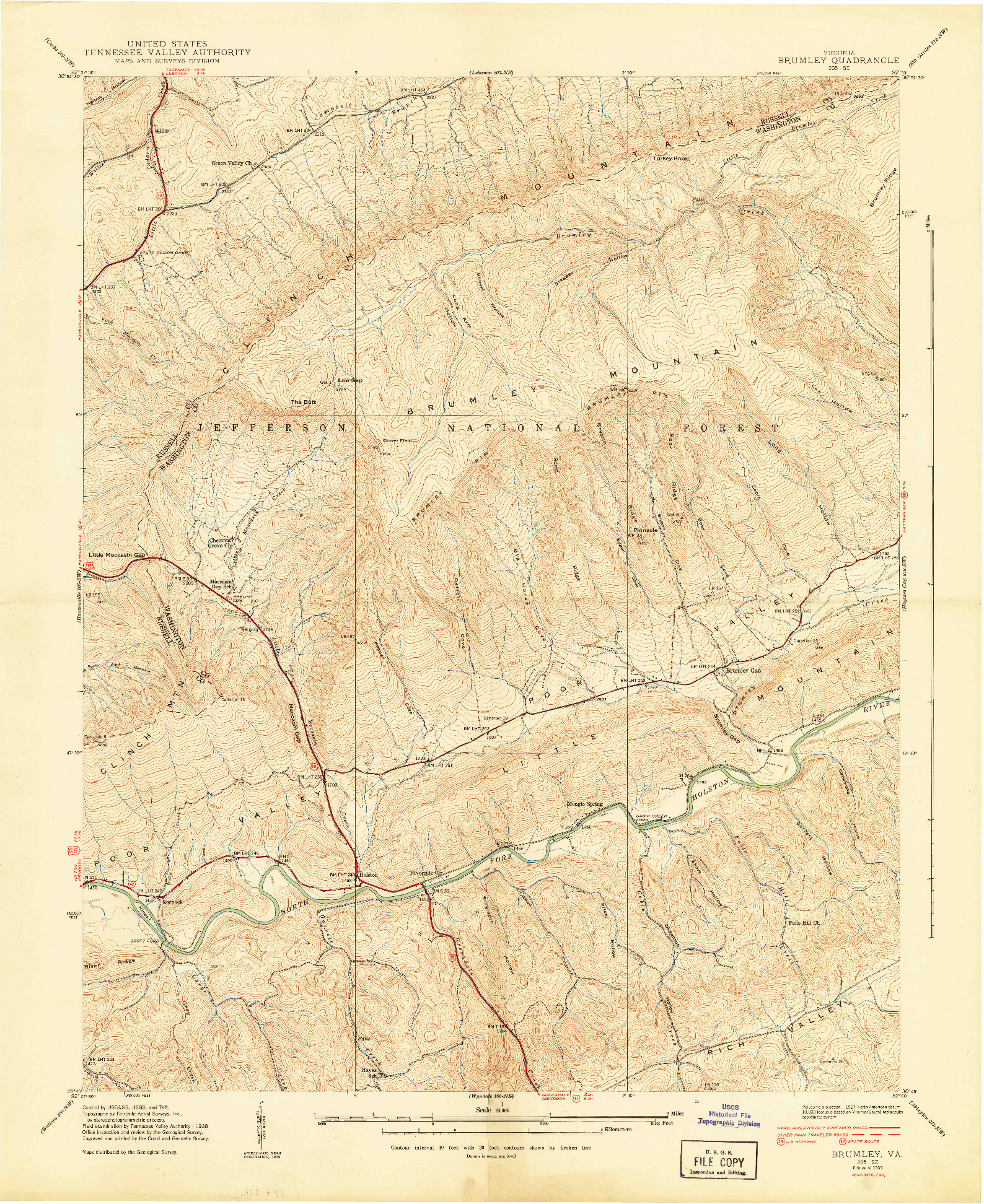 USGS 1:24000-SCALE QUADRANGLE FOR BRUMLEY, VA 1939